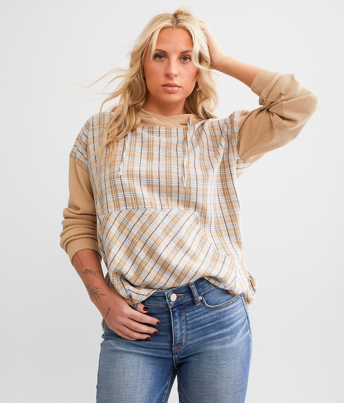 BKE Waffle Knit Plaid Hoodie - Women's Sweatshirts in Cream Green