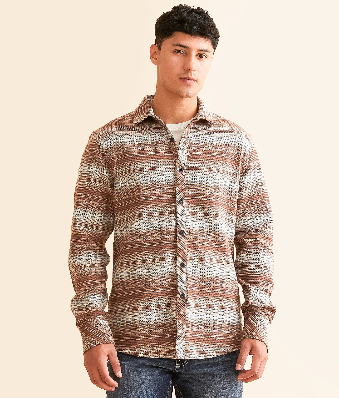 Departwest Striped Athletic Flannel Shirt - Men's Shirts in Cream Rust