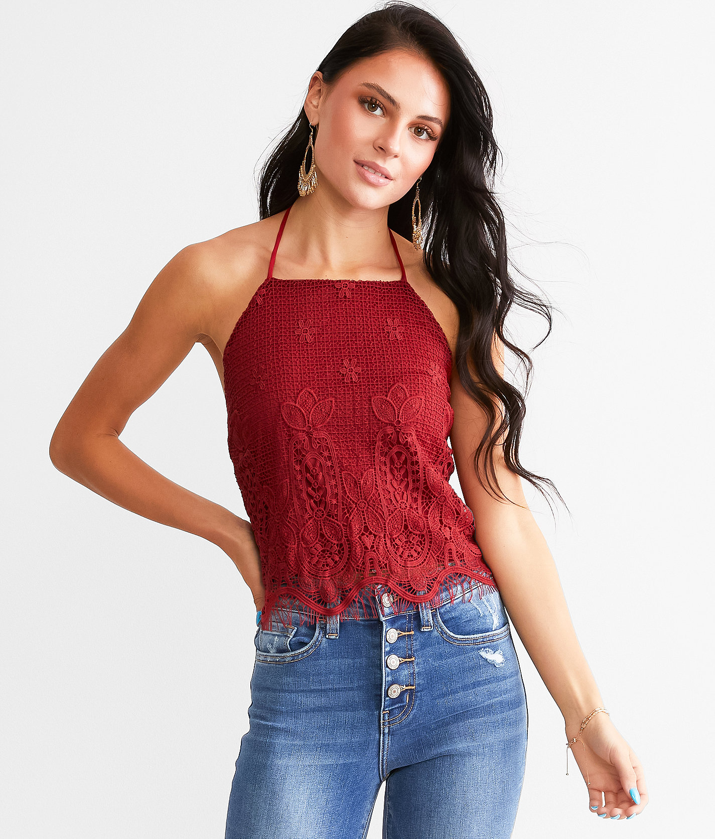 Willow & Root Floral Eyelash Crochet Halter Tank Top - Women's Tank Tops in Rio Red