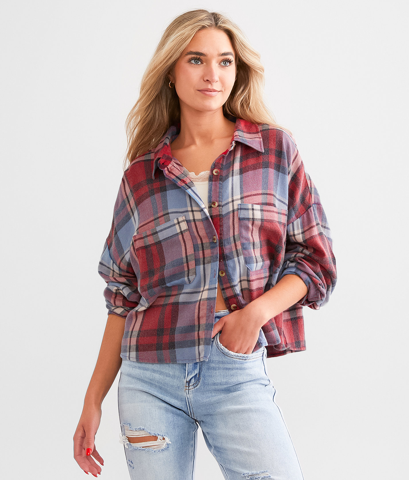 Modish Rebel Plaid Boyfriend Flannel Shirt - Women's Shirts & Blouses in Red Blue Plaid