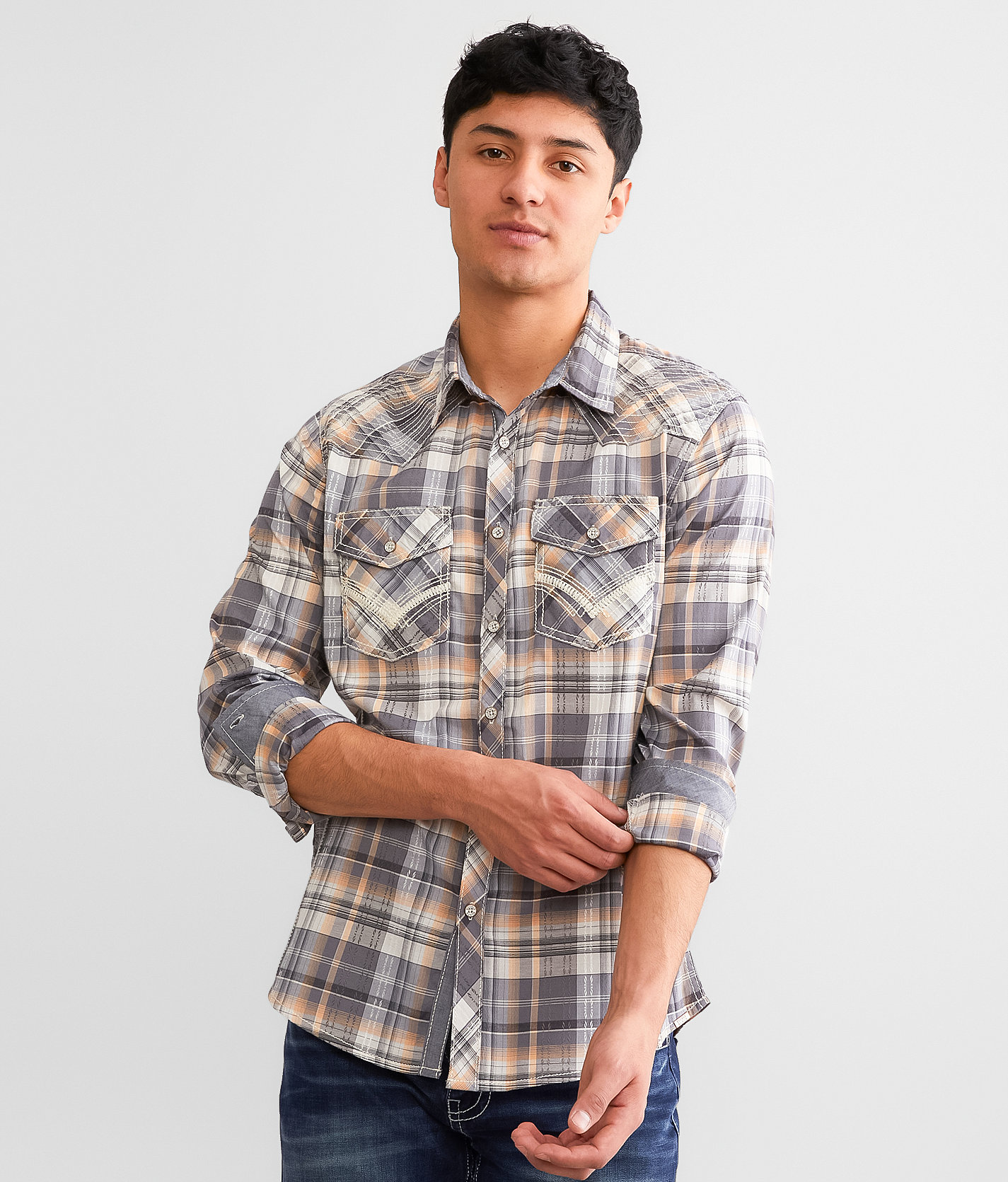 Buckle Black Plaid Standard Stretch Shirt - Men's Shirts in Cream Grey Orange