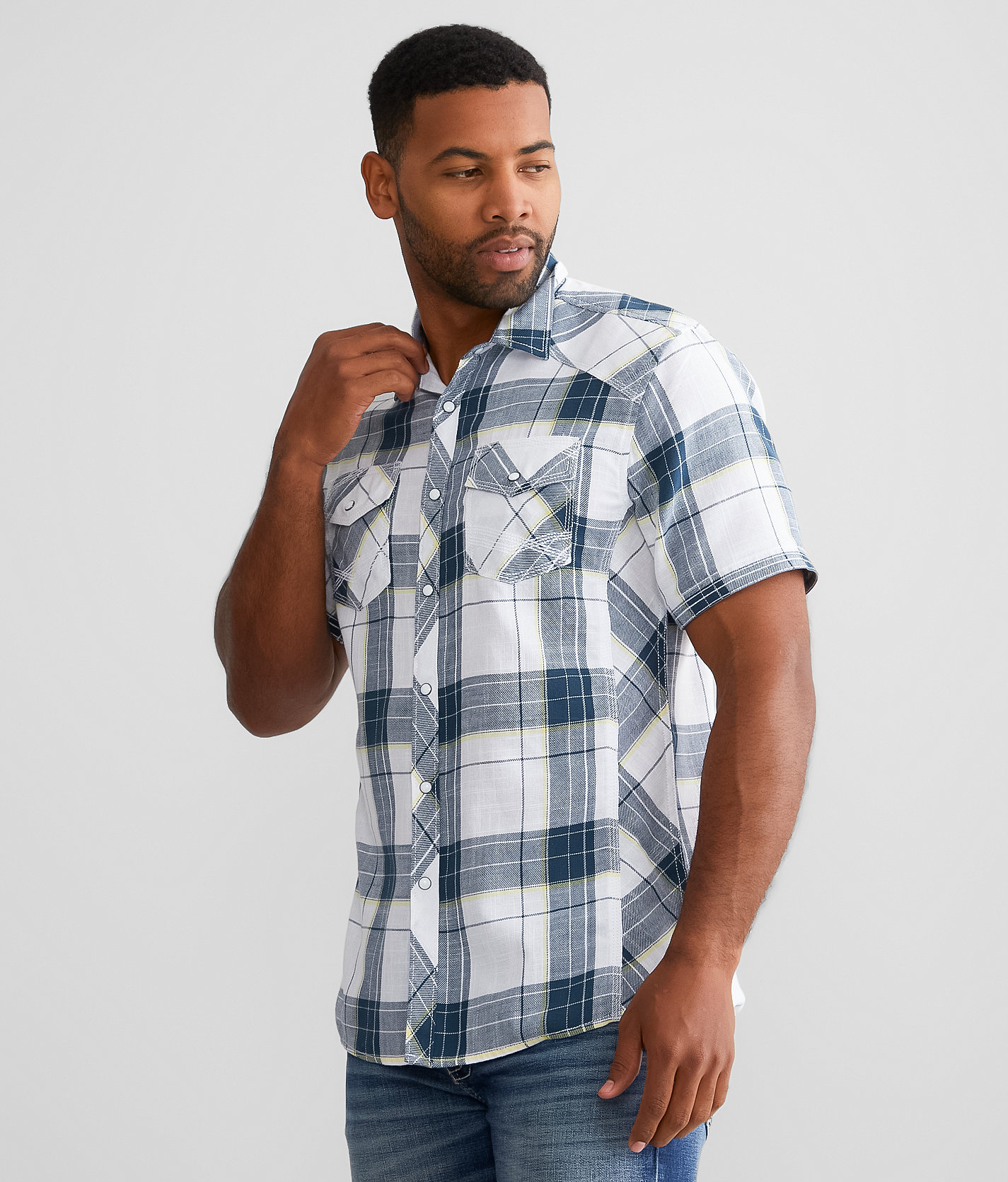 BKE Plaid Athletic Shirt - Men's Shirts in White Navy