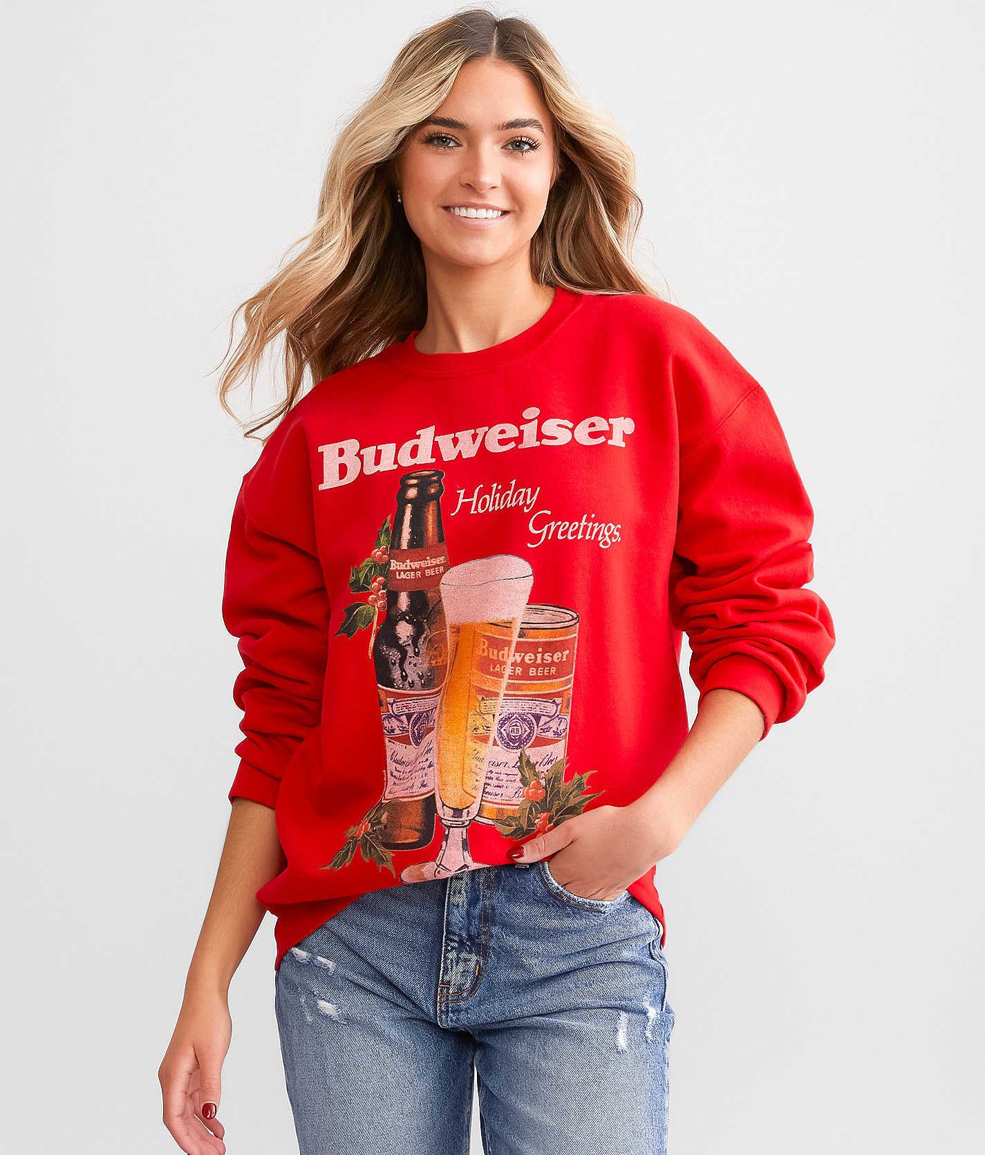 Junkfood Budweiser Holiday Oversized Pullover - Women's Sweatshirts in Red