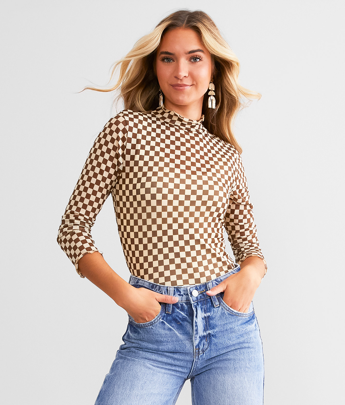 Willow & Root Checkered Mesh Top - Women's Shirts & Blouses in Brown Cream
