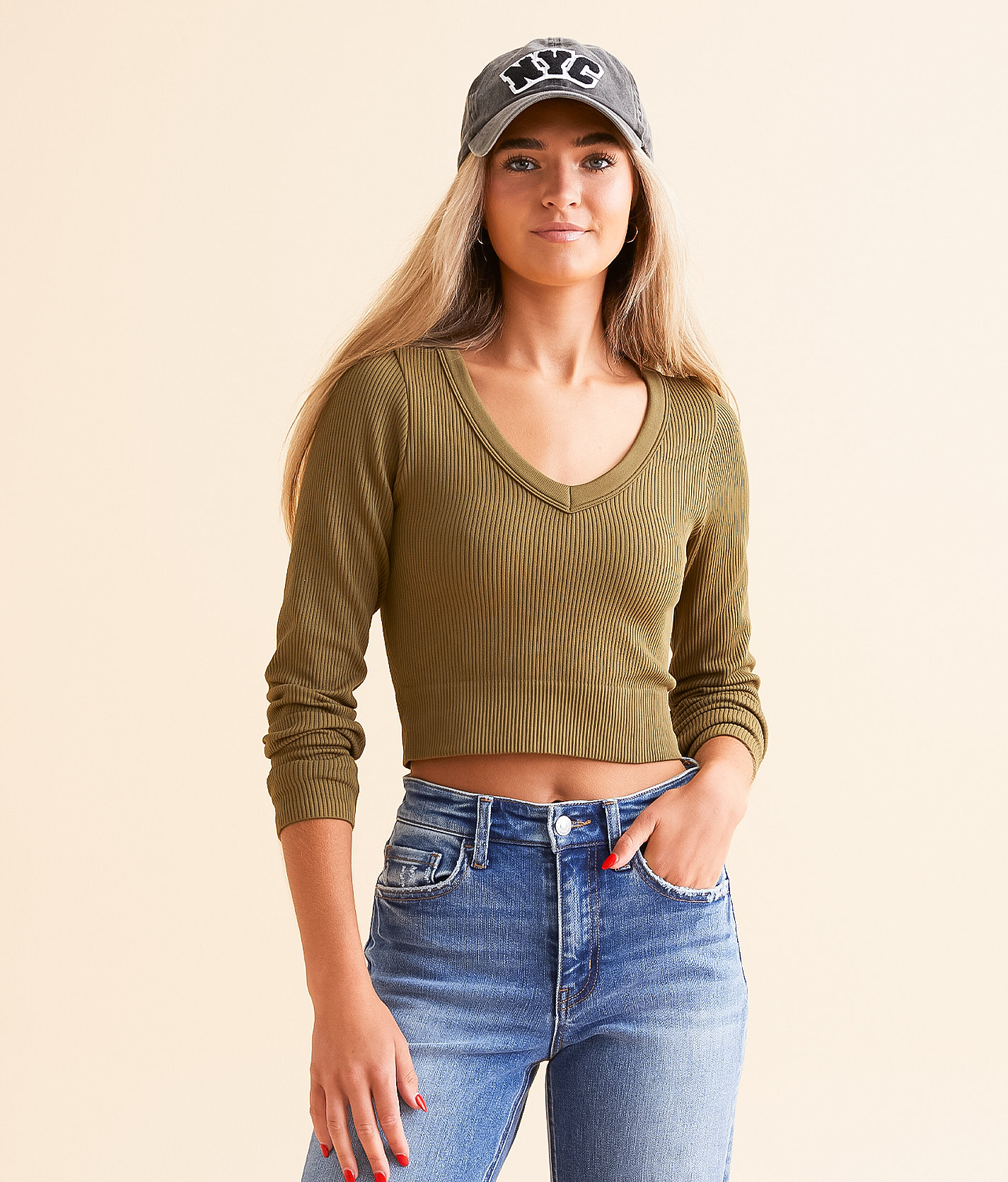Freshwear Ribbed Knit Top - Women's Shirts & Blouses in Military Olive