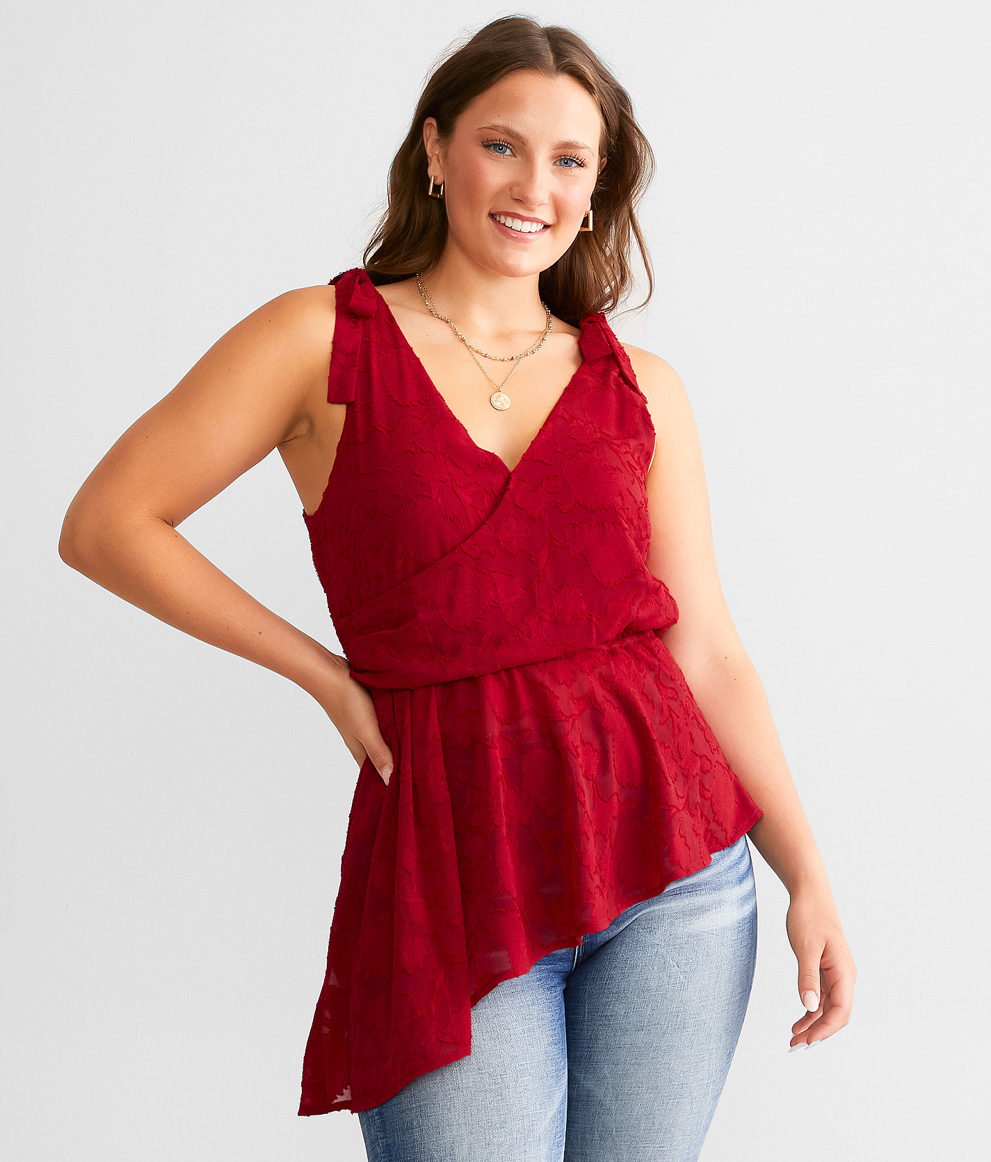 Daytrip Textured Floral Peplum Tank Top - Women's Tank Tops in Rio Red