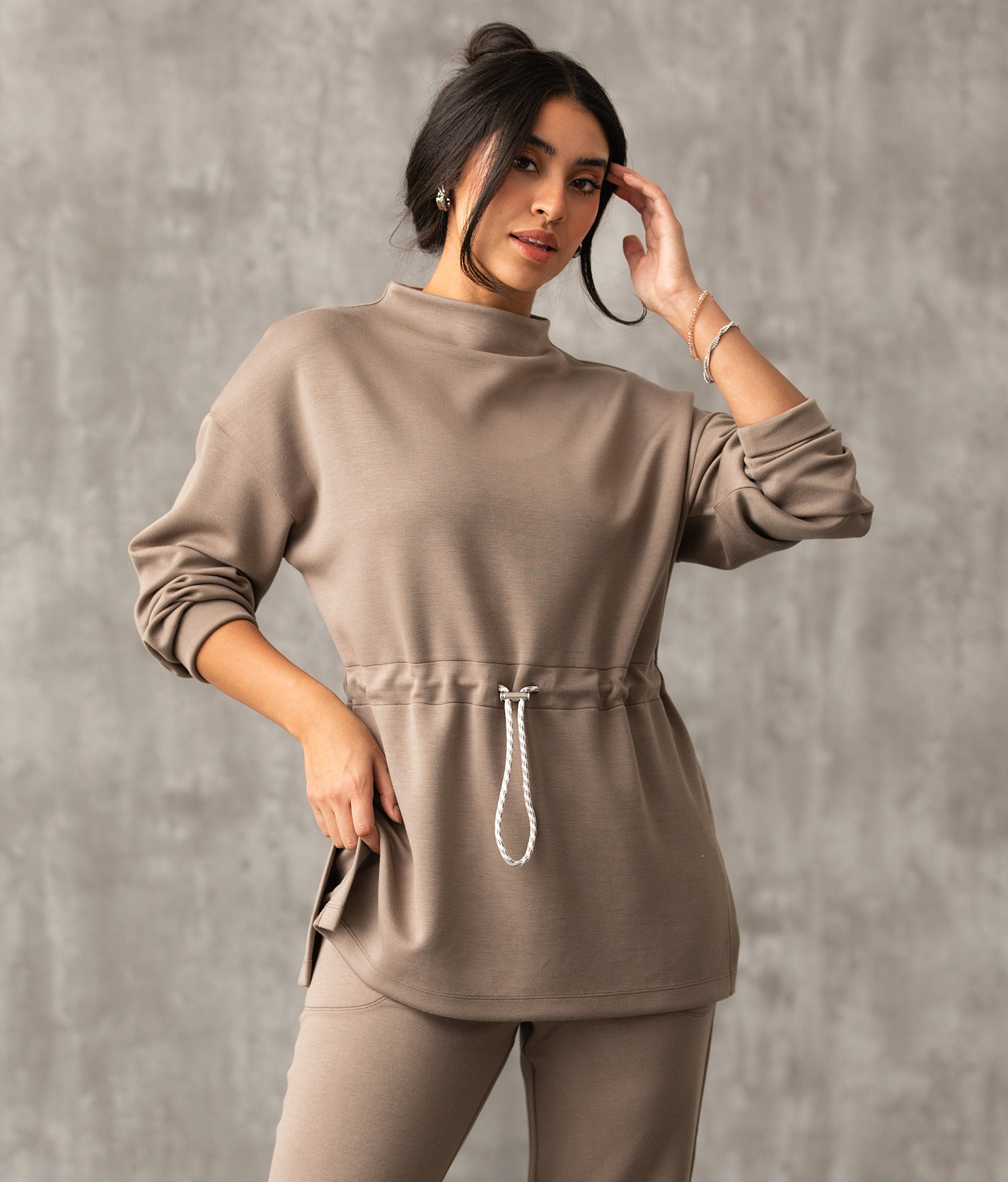 Buckle Black Cinched Waist Pullover - Women's Activewear in Taupe