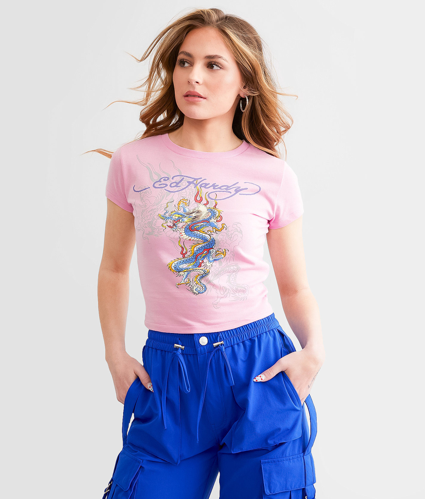 Ed Hardy Dragon Cropped Baby T-Shirt - Women's T-Shirts in Bubble Gum