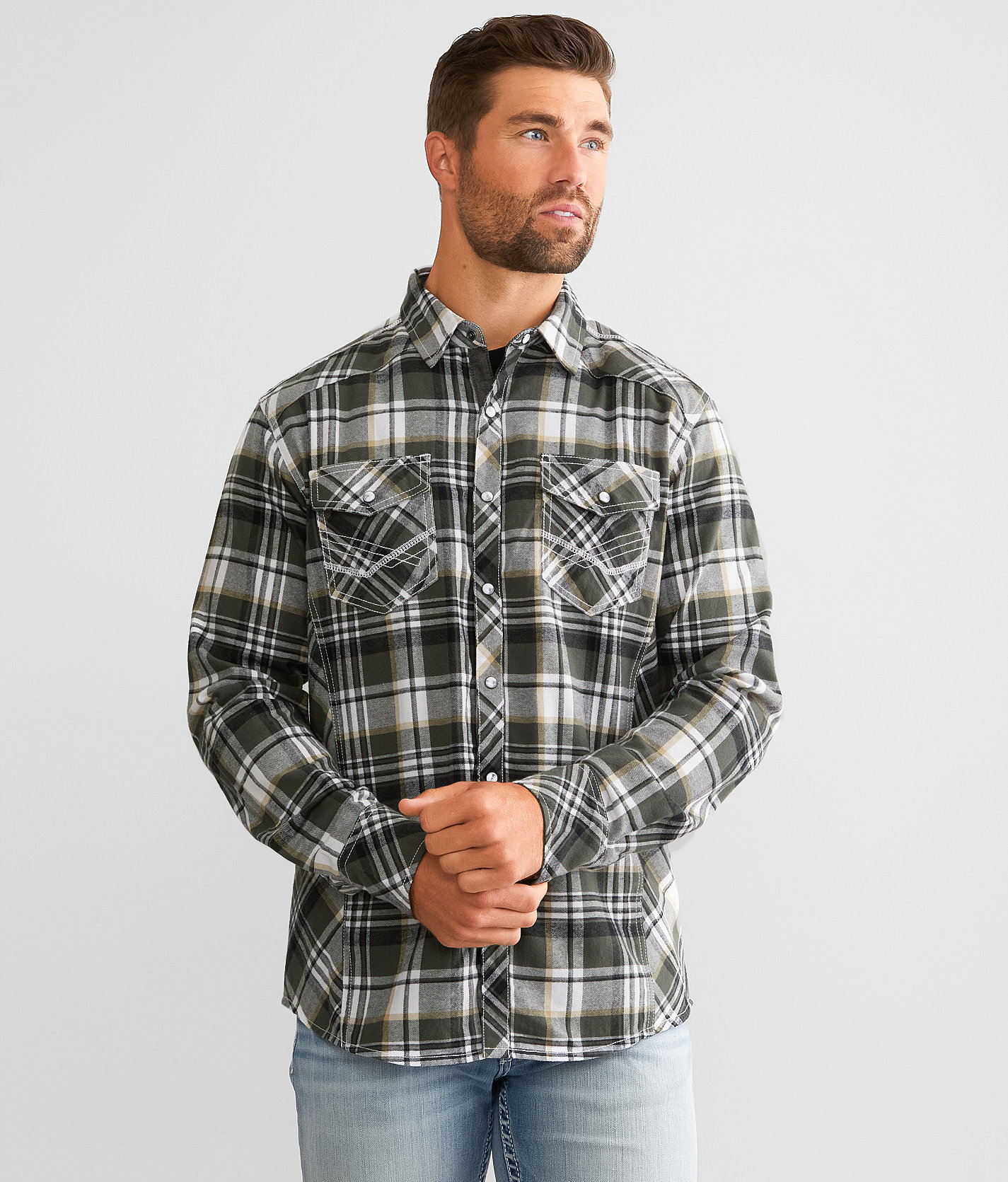 BKE Brushed Flannel Athletic Shirt - Men's Shirts in Olive White