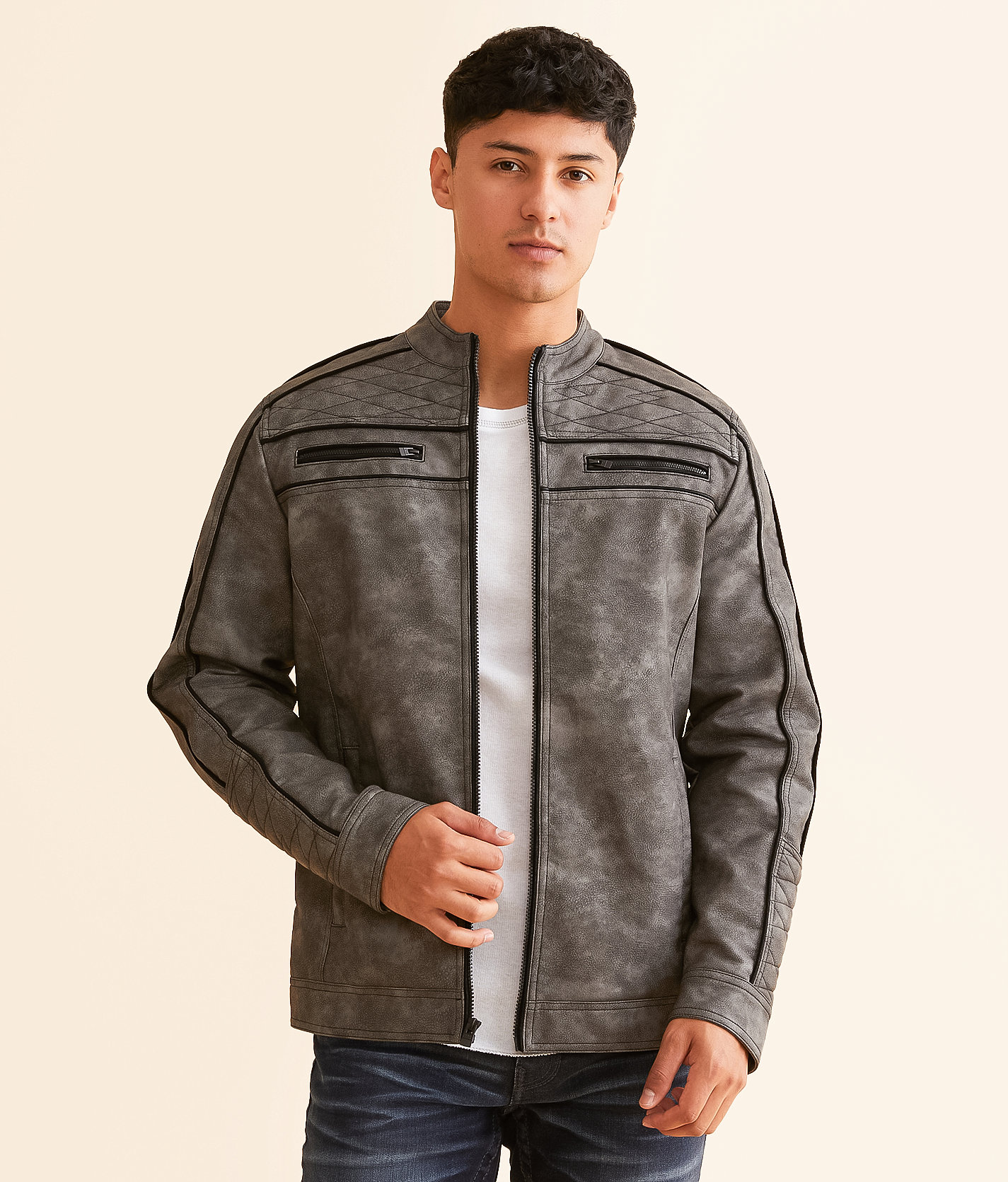 Buckle Black Faux Leather Jacket - Men's Coats & Jackets in Grey