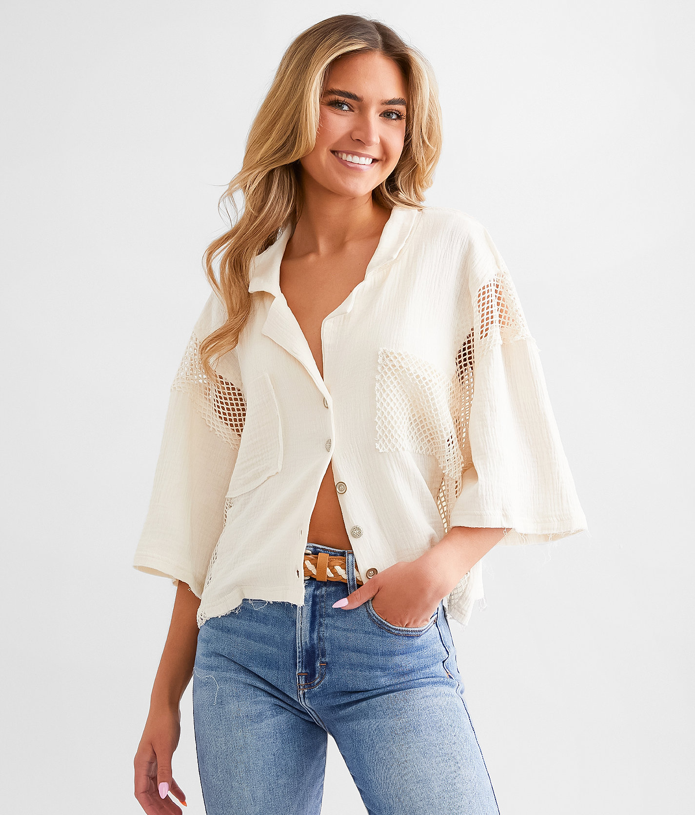 POL Netted Mesh Boxy Shirt - Women's Shirts & Blouses in Natural