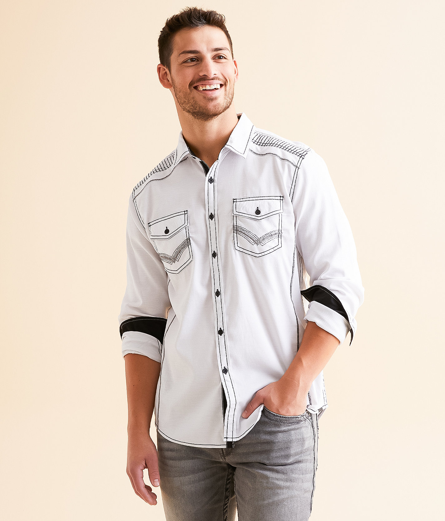 Buckle Black Athletic Stretch Shirt - Men's Shirts in White Grey