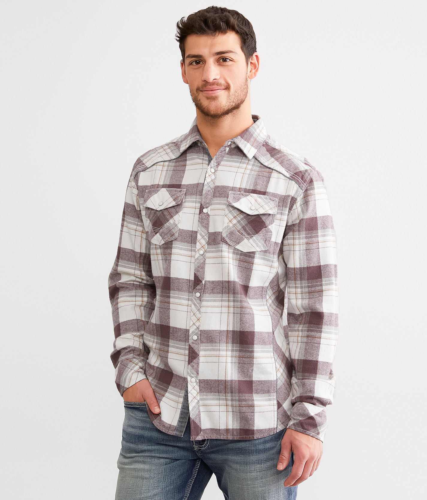 BKE Plaid Athletic Shirt - Men's Shirts in White Plum Grey