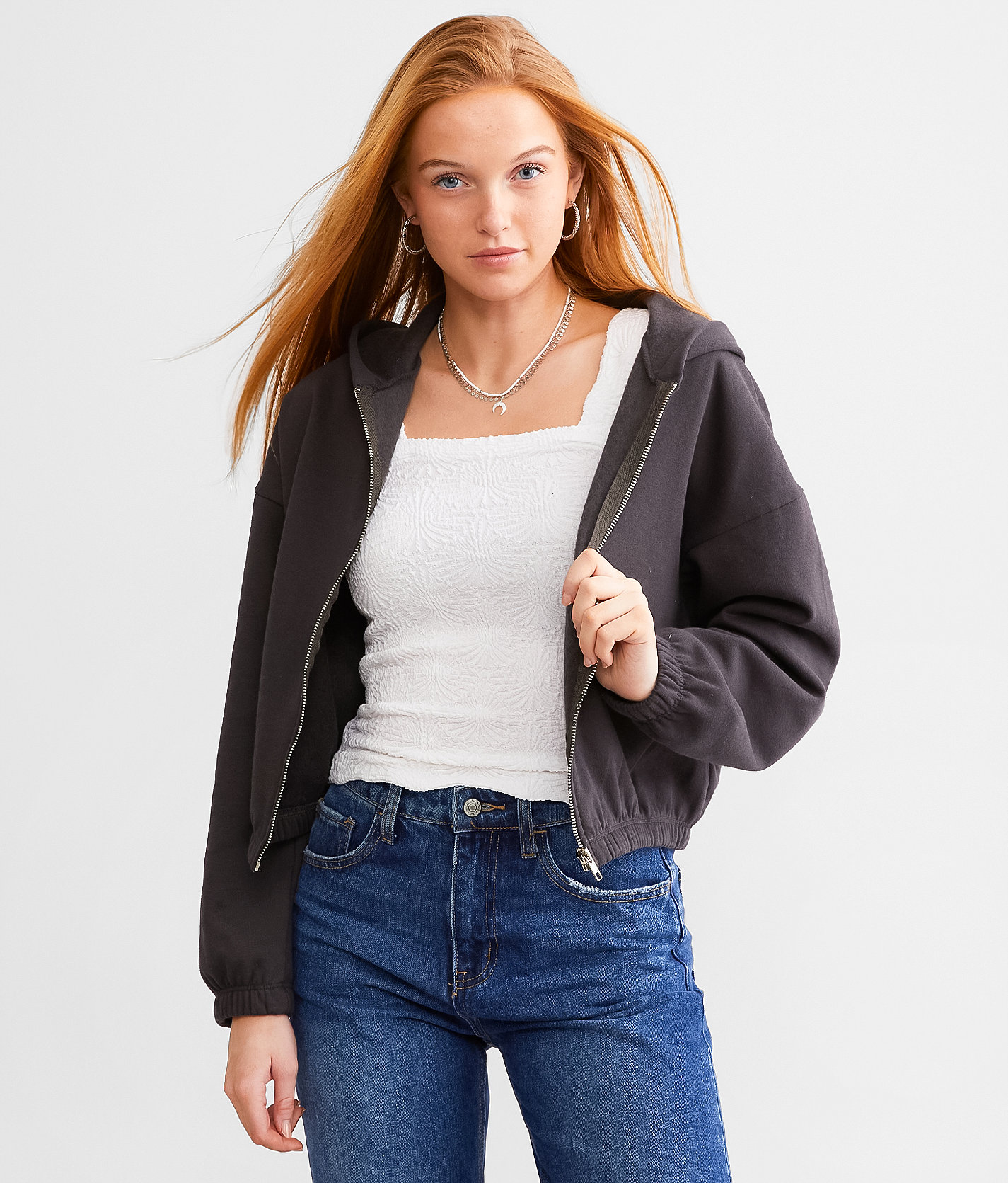 BKE Fleece Cropped Hoodie - Women's Sweatshirts in Charcoal