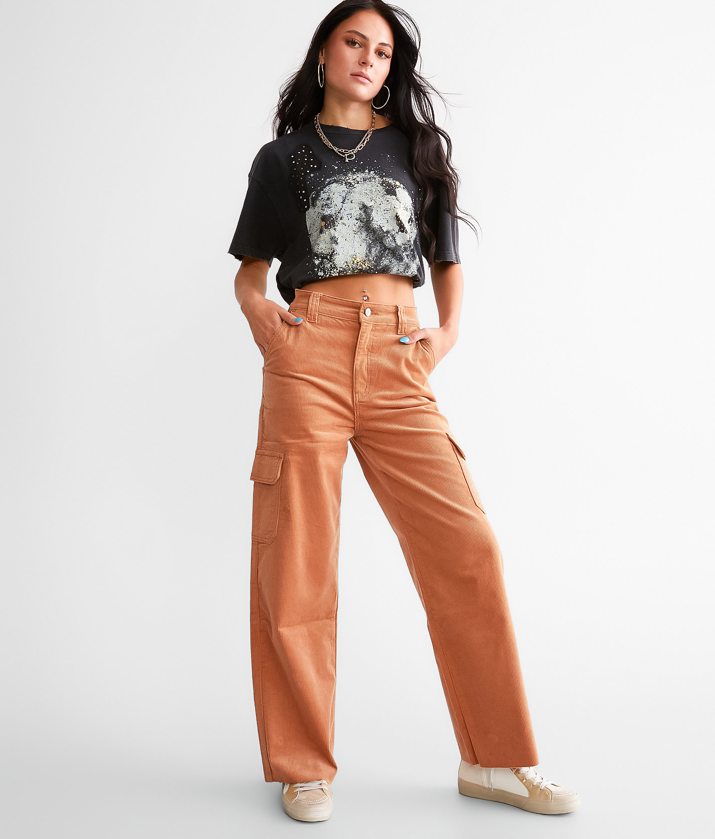KanCan Signature 90s Cropped Wide Leg Corduroy Cargo Pant - Women's Pants in Sherry