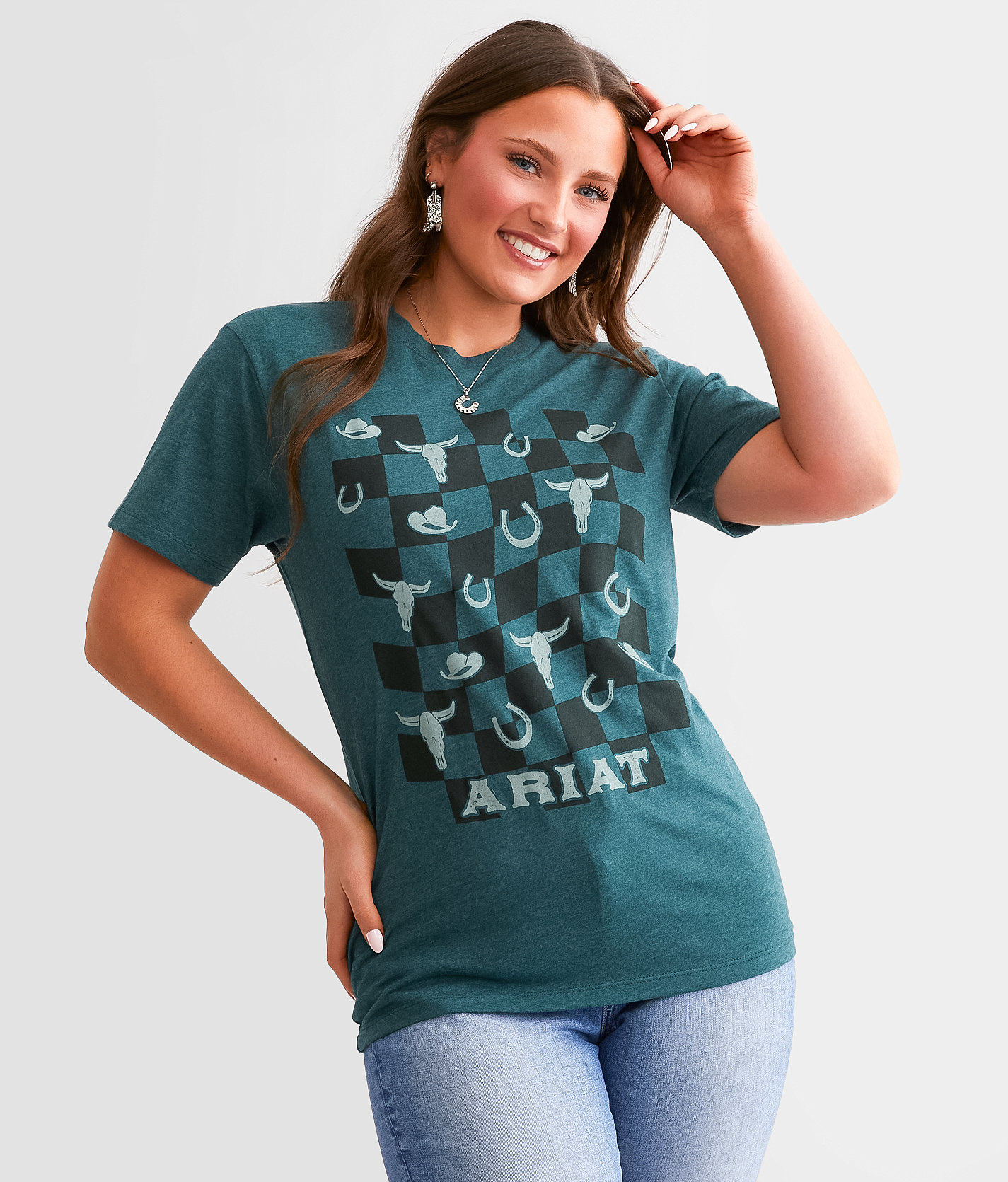 Ariat Western Checkers Boyfriend T-Shirt - Women's T-Shirts in Dark Teal Heather