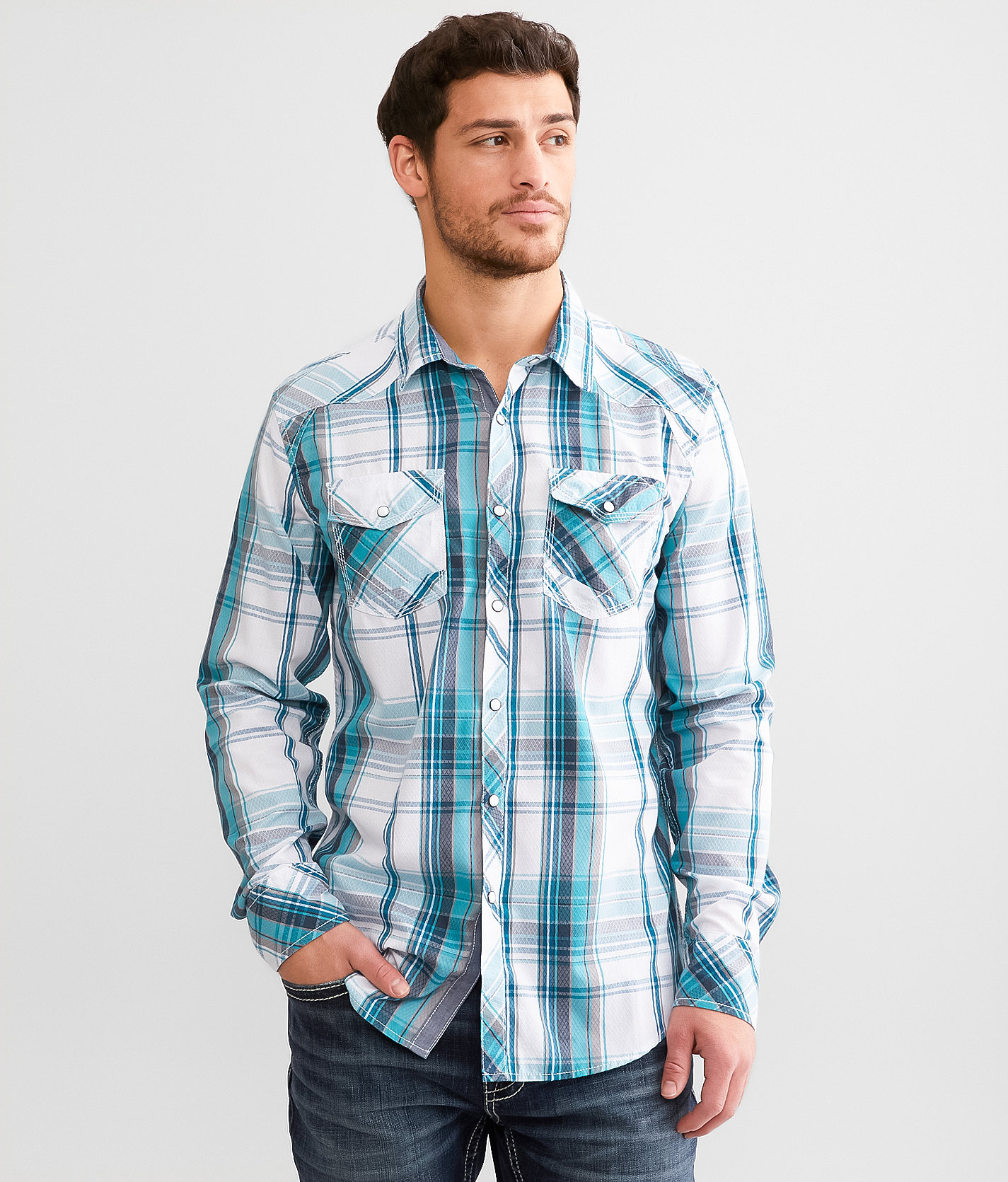 BKE Plaid Athletic Shirt - Men's Shirts in White Grey Turquoise