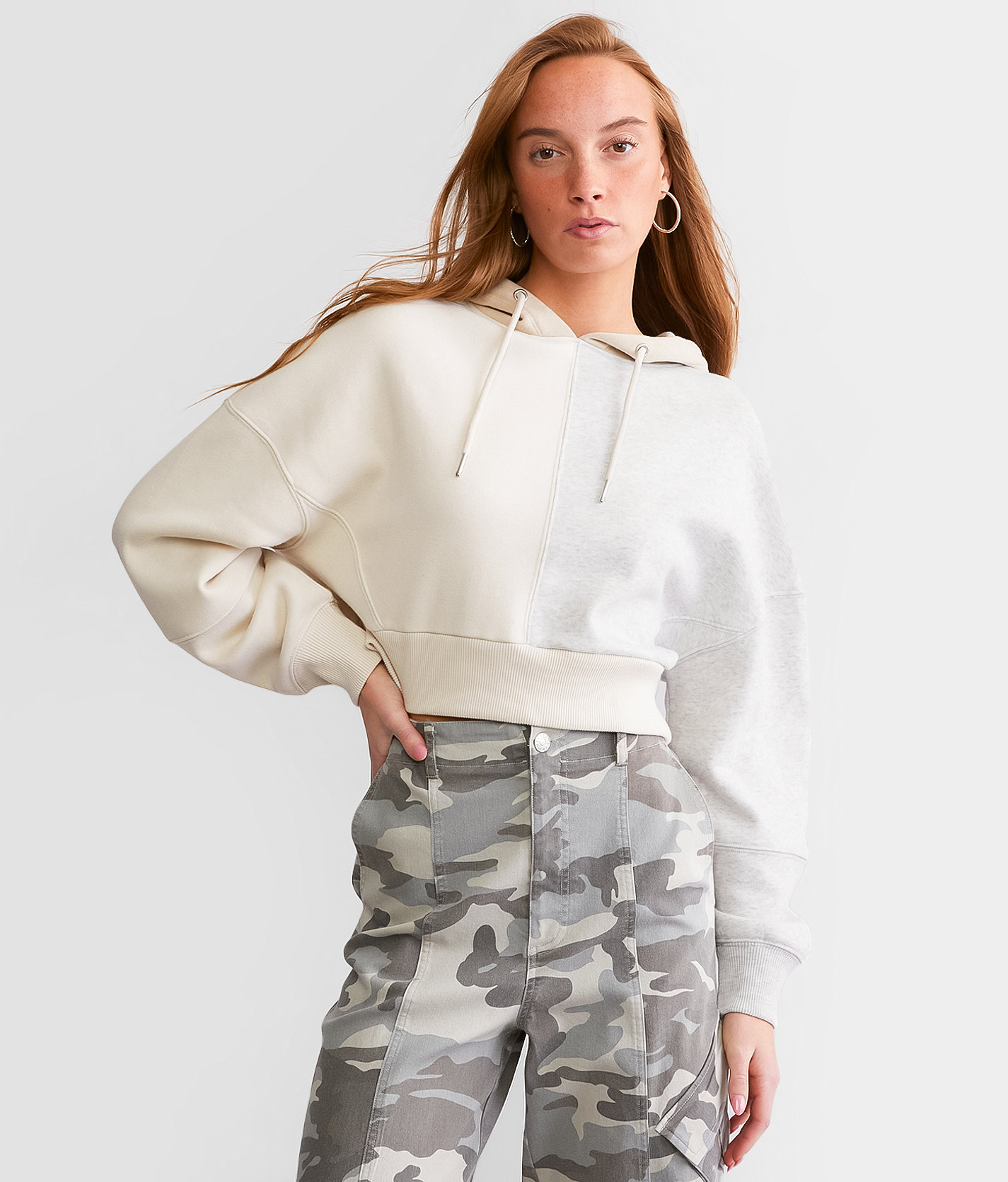 FITZ + EDDI Cropped Color Block Hooded Sweatshirt - Women's Sweatshirts in Pumice Campfire Ash Taupe