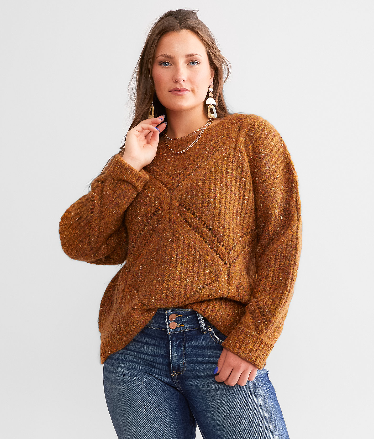 Daytrip Diamond Stitch Marled Sweater - Women's Sweaters in Brown