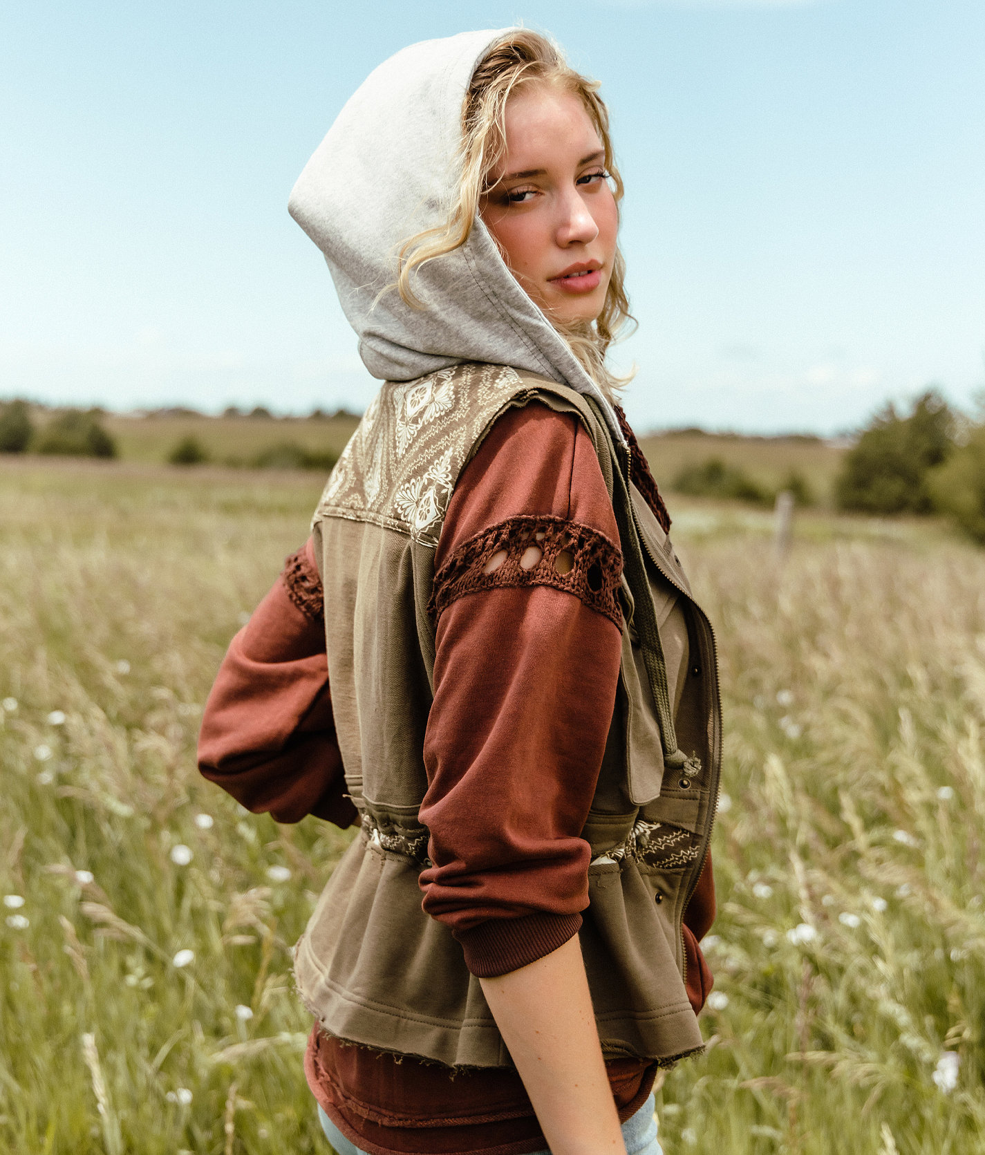 Gimmicks Reverse Pieced Knit Hooded Vest - Women's Coats & Jackets in Green