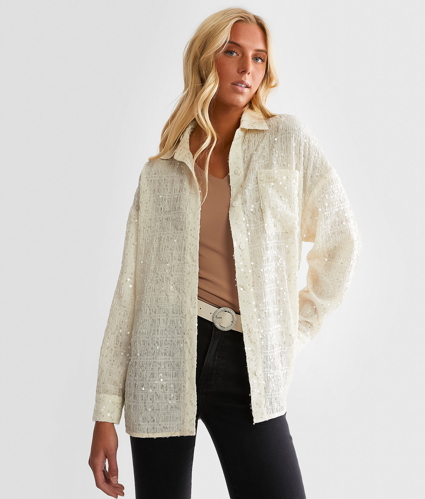 Blue Blush Sequin Crinkle Blouse - Women's Shirts & Blouses in Cream