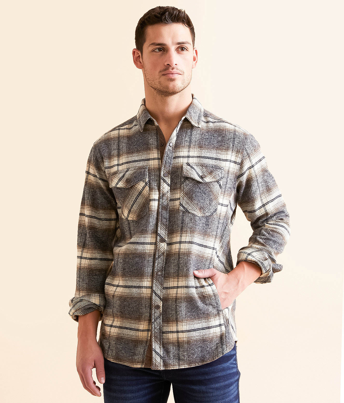 Outpost Makers Flannel Athletic Shirt - Men's Shirts in Cream Navy Brown