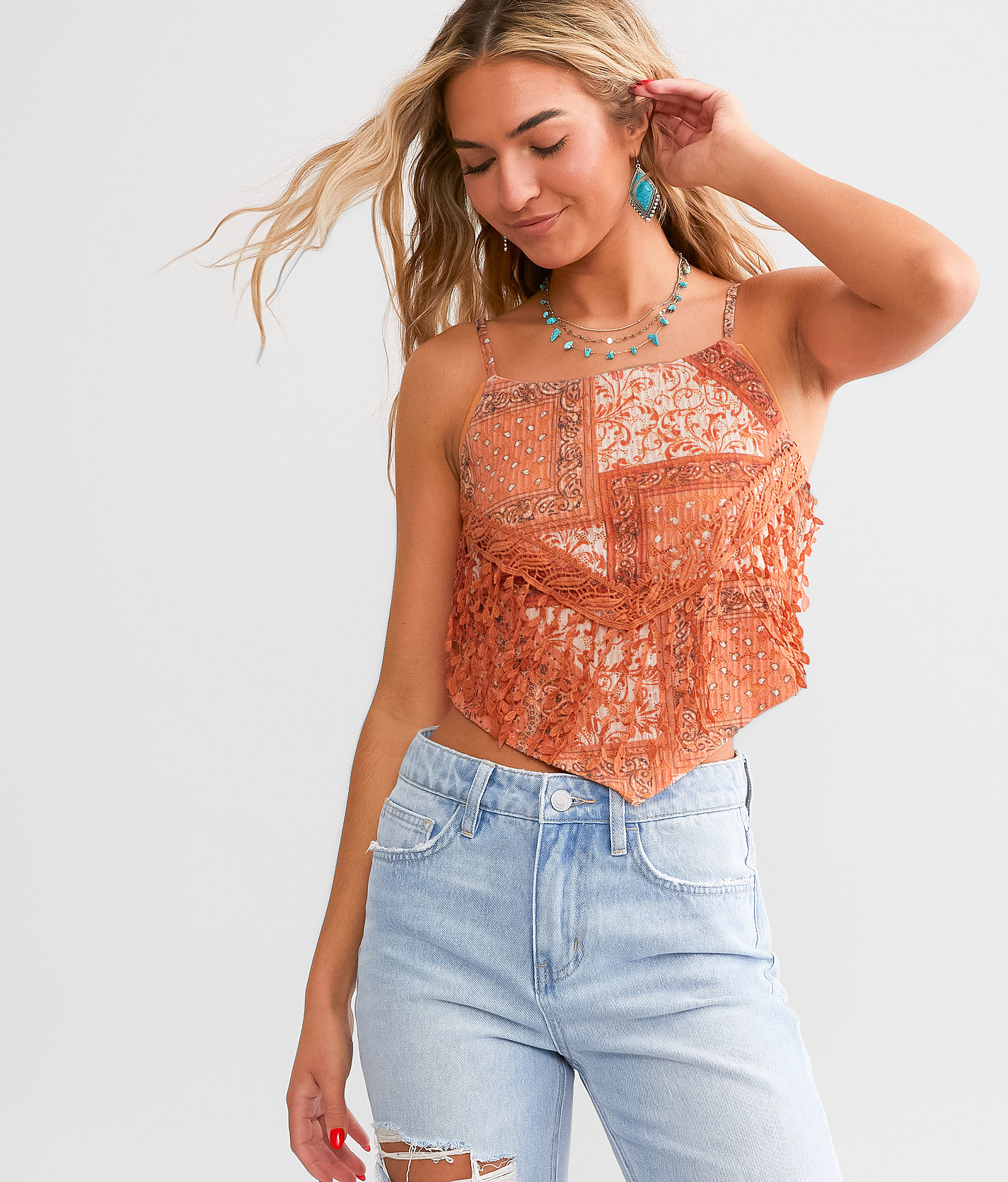 Miss Me Crochet Fringe Hanky Hem Tank Top - Women's Tank Tops in Rust Orange