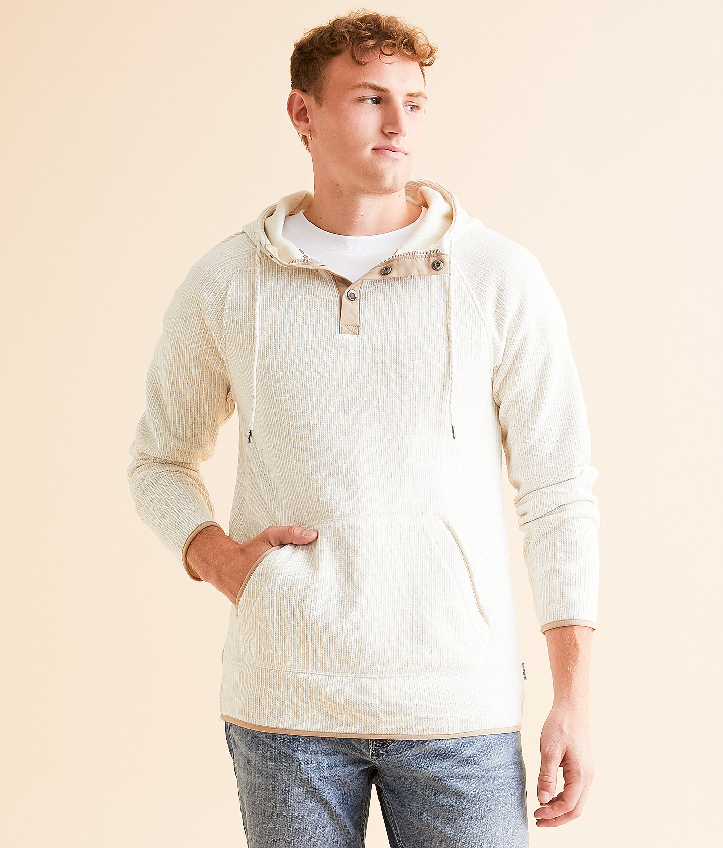 Departwest Cozy Henley Hooded Sweatshirt - Men's Sweatshirts in Oatmeal