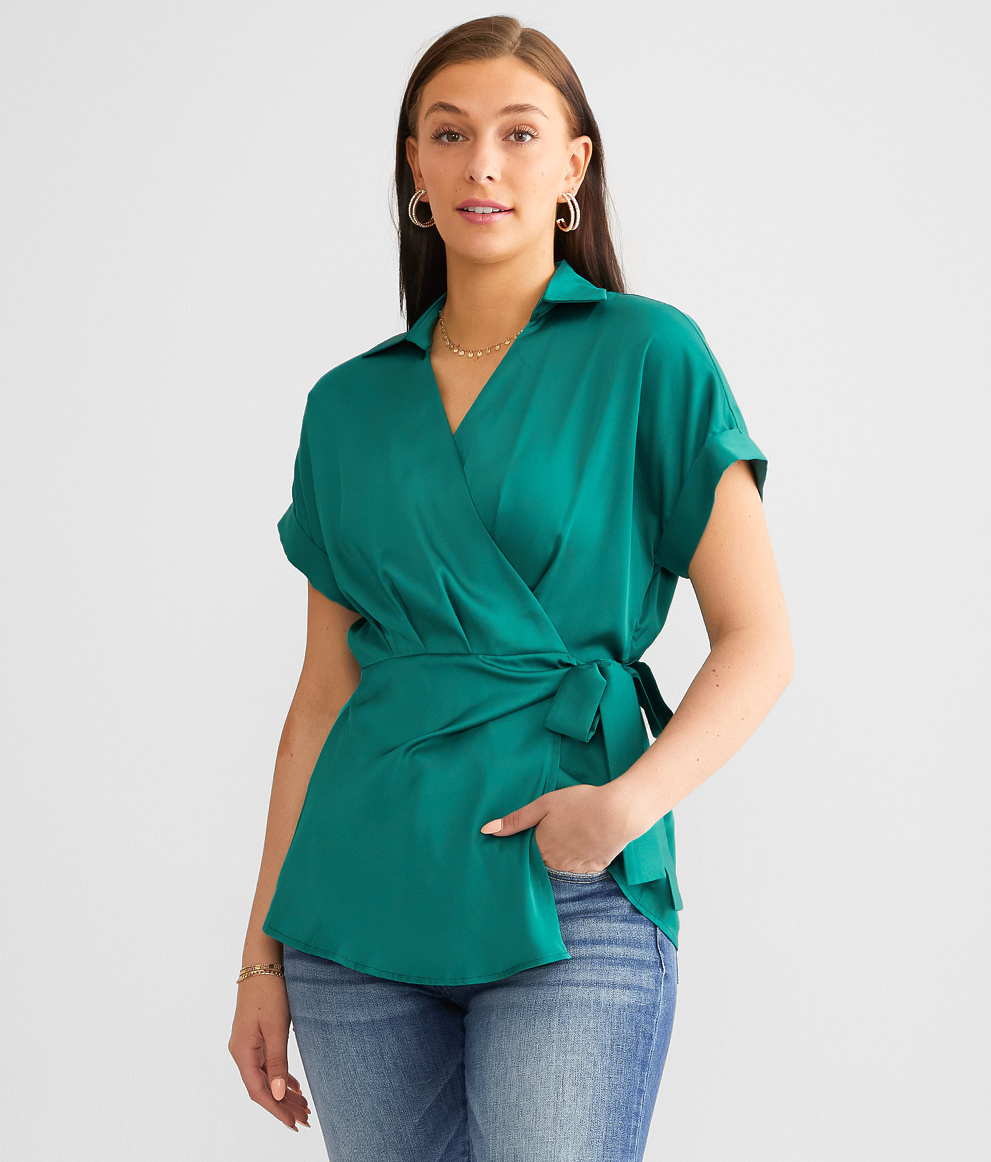 red by BKE Satin Surplice Tunic Top - Women's Shirts & Blouses in Green