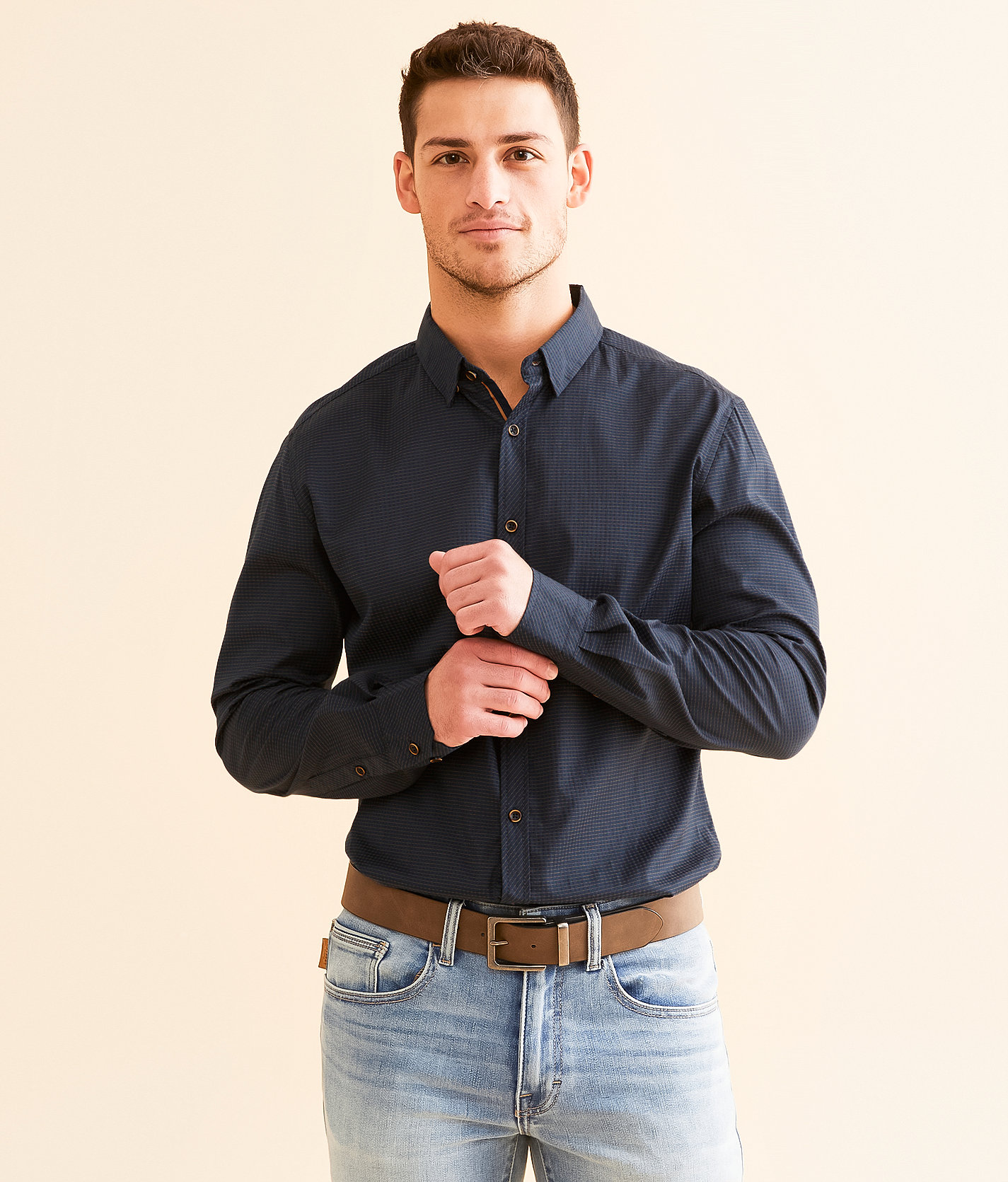 J.B. Holt Striped Athletic Stretch Shirt - Men's Shirts in Navy Tobacco