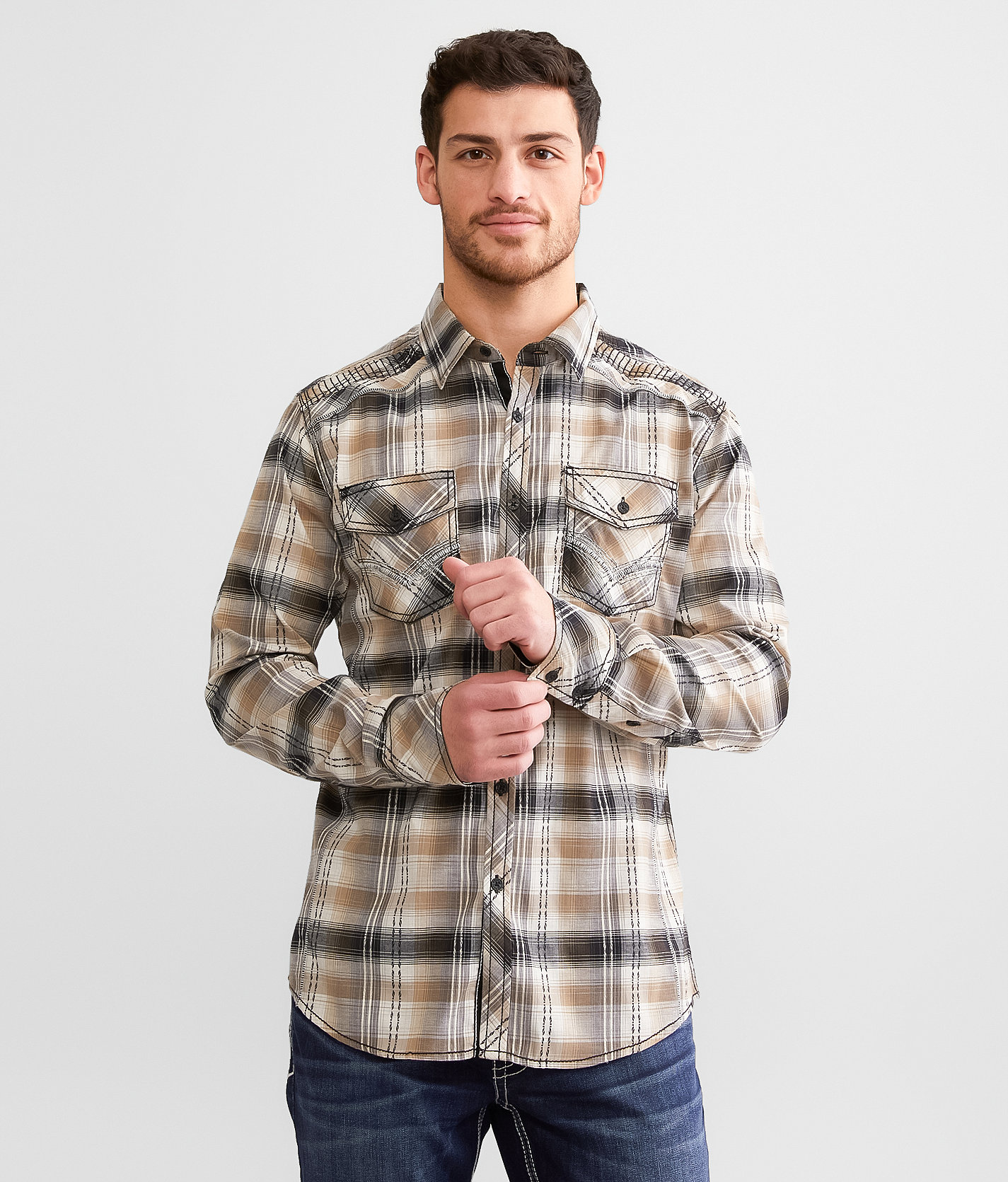 Buckle Black Athletic Plaid Stretch Shirt - Men's Shirts in Cream Tan Black