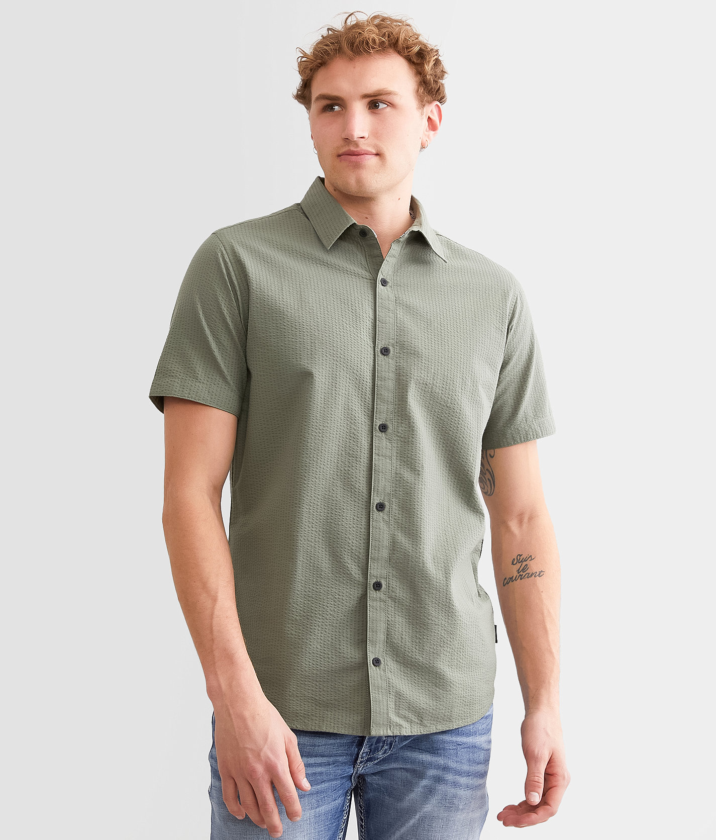 Departwest Textured Woven Shirt - Men's Shirts in Olive Oil Seam Wash