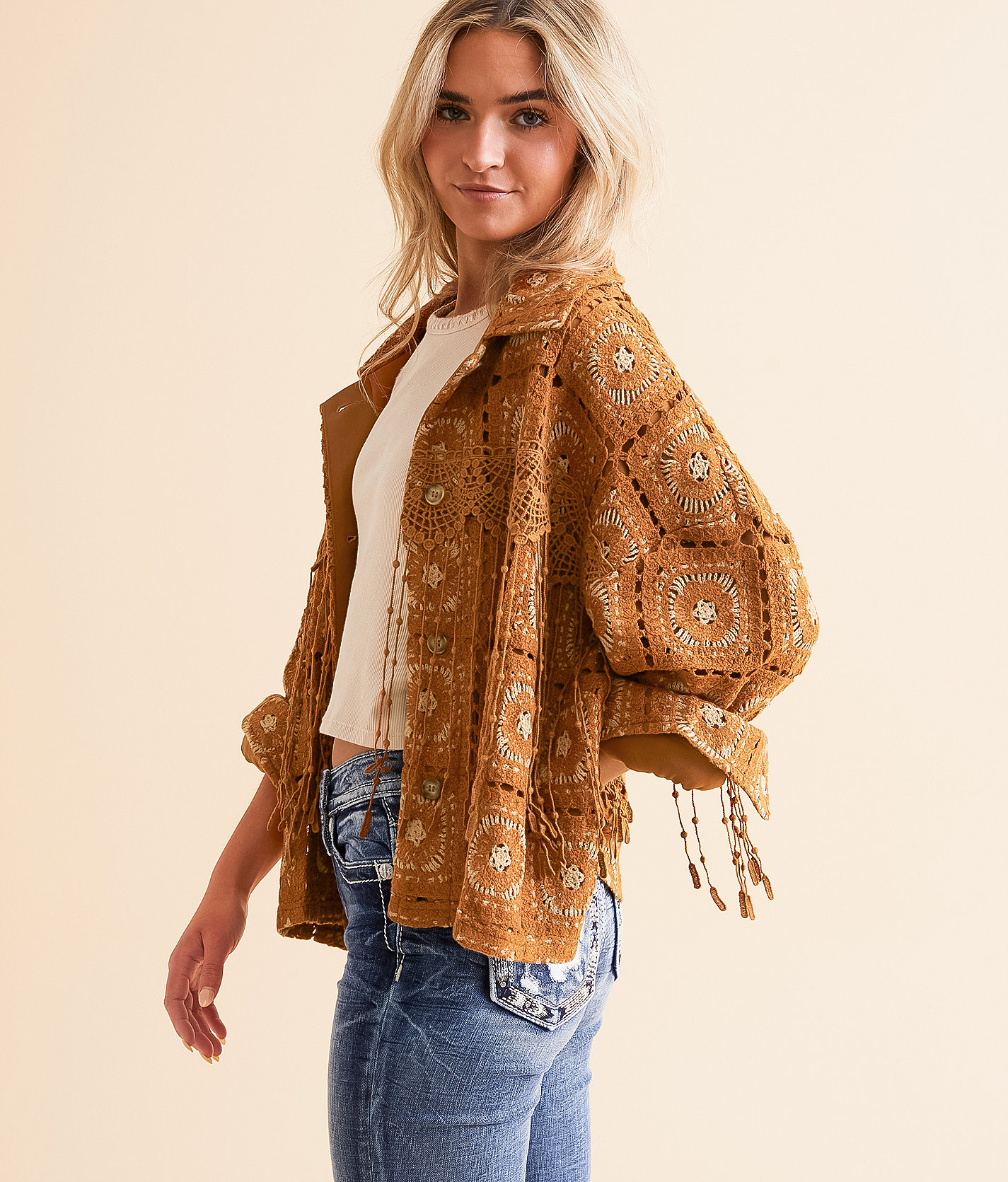 Miss Me Crochet Fringe Jacket - Women's Coats & Jackets in Camel Brown