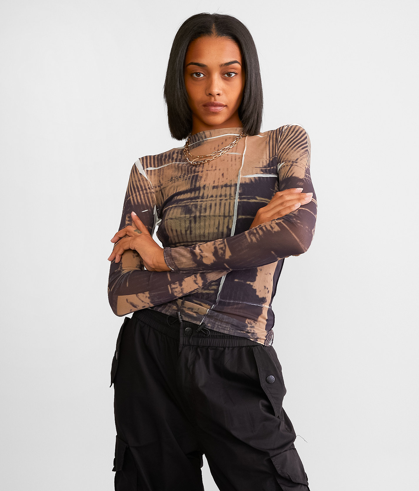 Gilded Intent Exposed Seam Sheer Mesh Top - Women's Shirts & Blouses in Brown Black