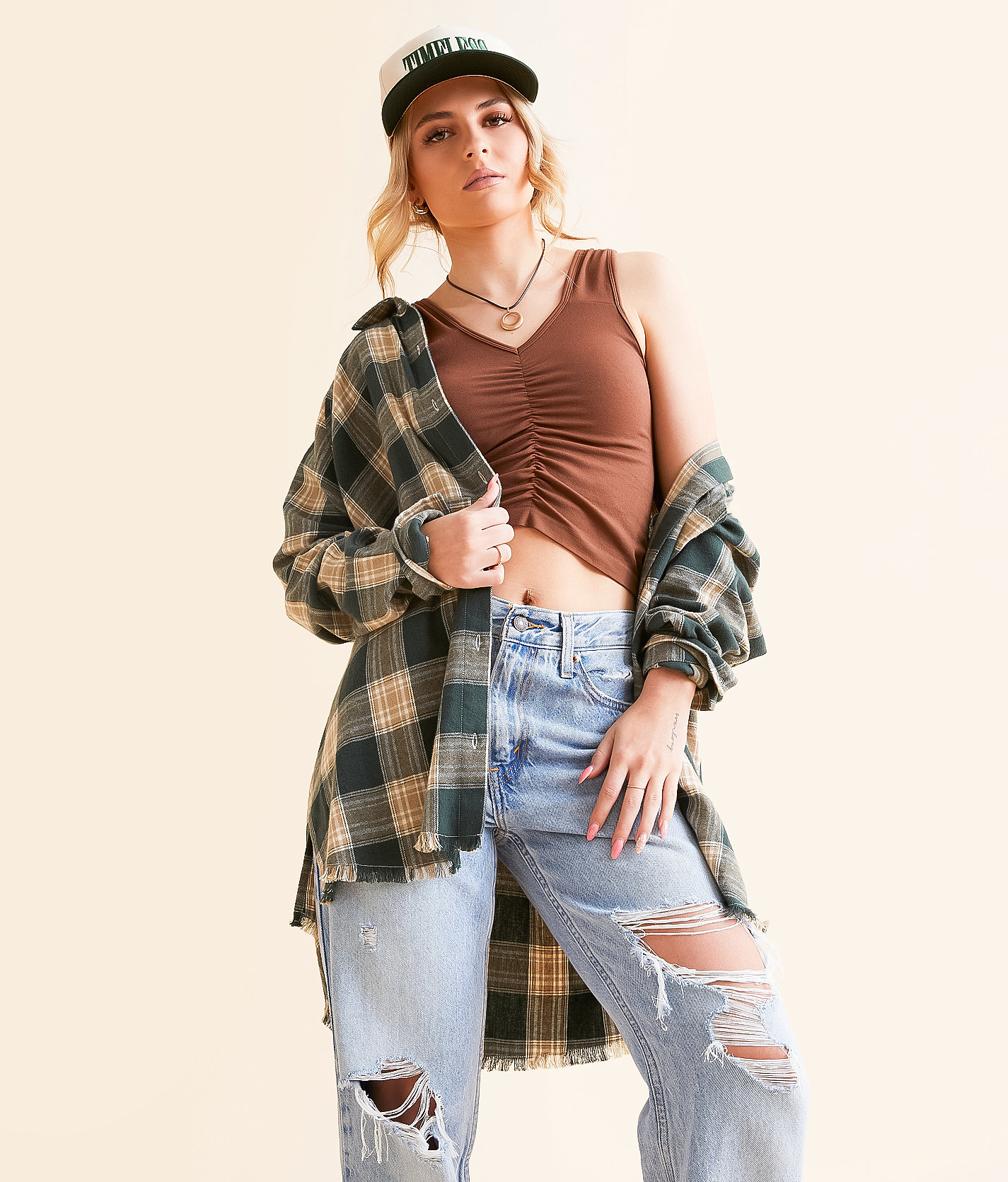 Gilded Intent Plaid Boyfriend Shirt - Women's Shirts & Blouses in Tan Forest Green