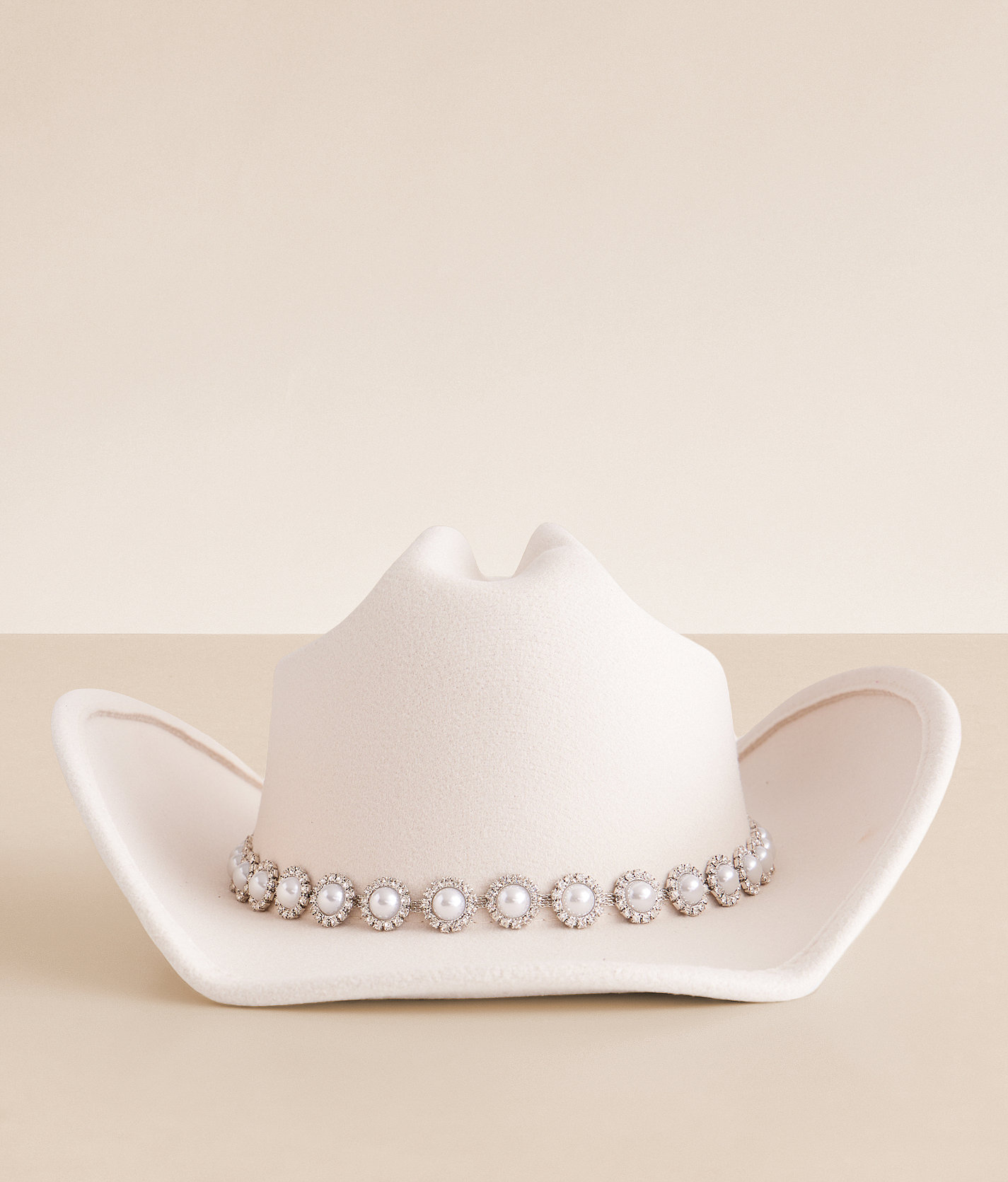 Fame Accessories Faux Pearl Cowboy Hat - Women's Hats in Ivory