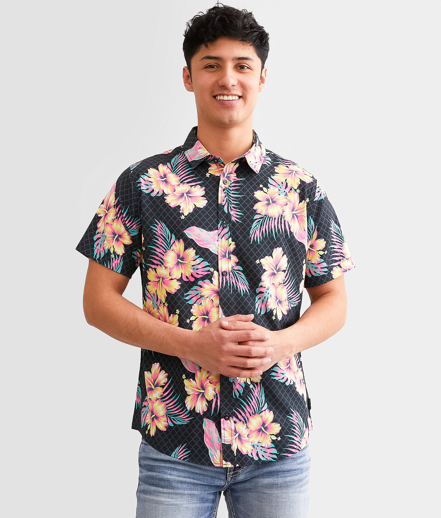 Departwest Tropical Floral Performance Stretch Shirt - Men's Shirts in Black