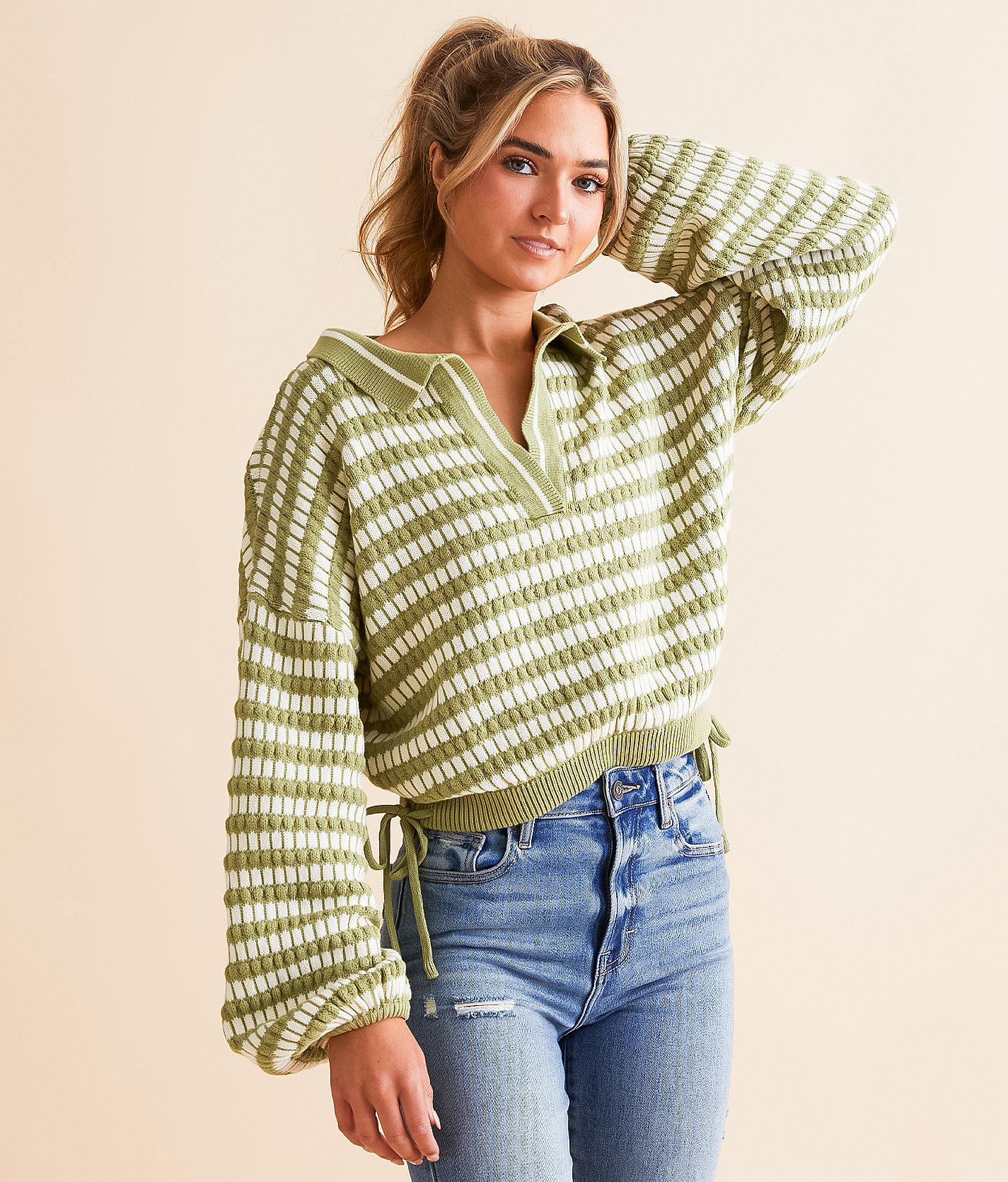 Willow & Root Collared Split Neck Cropped Sweater - Women's Sweaters in Sage Cream