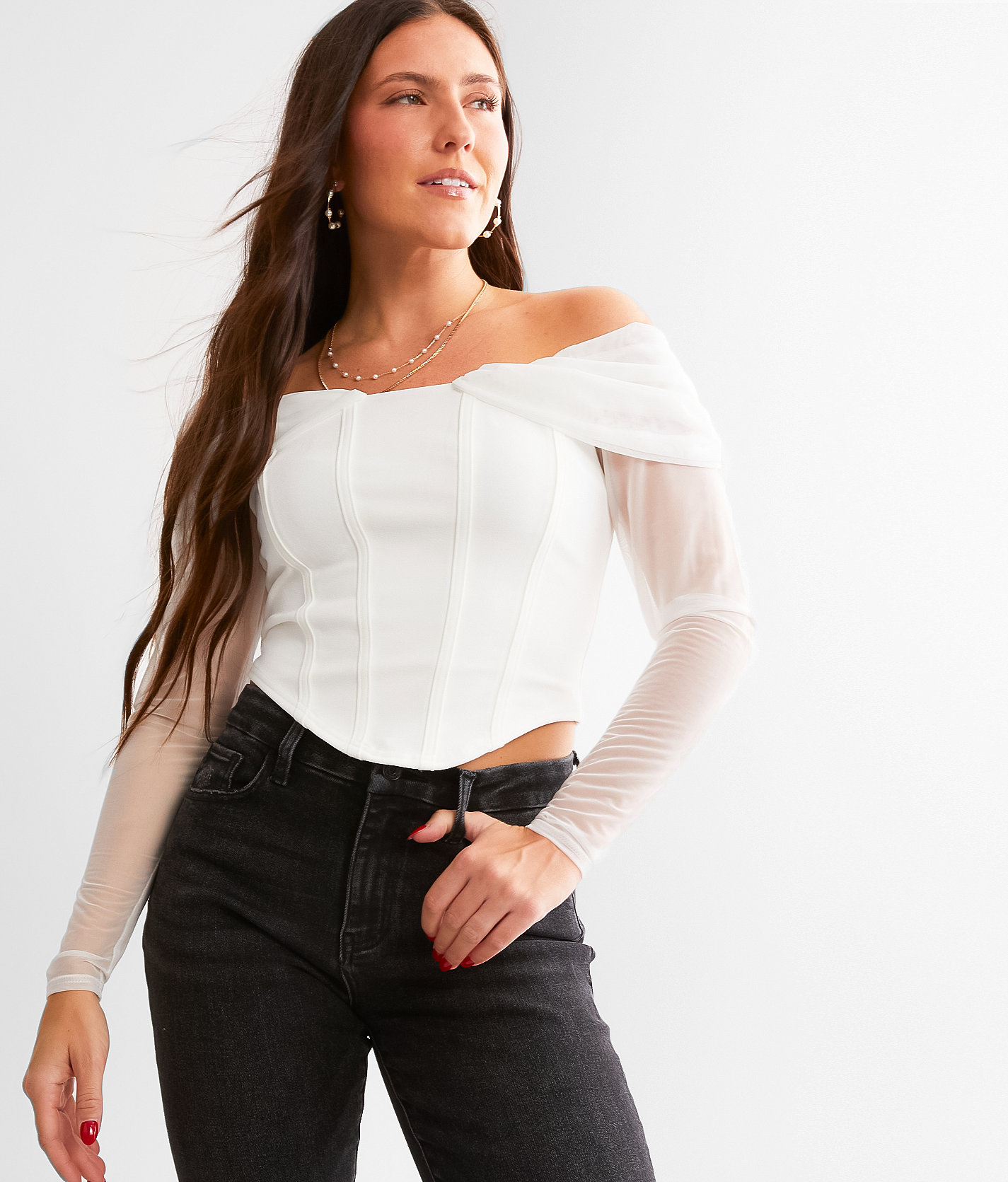 Willow & Root Mesh Off The Shoulder Corset Top - Women's Shirts & Blouses in White