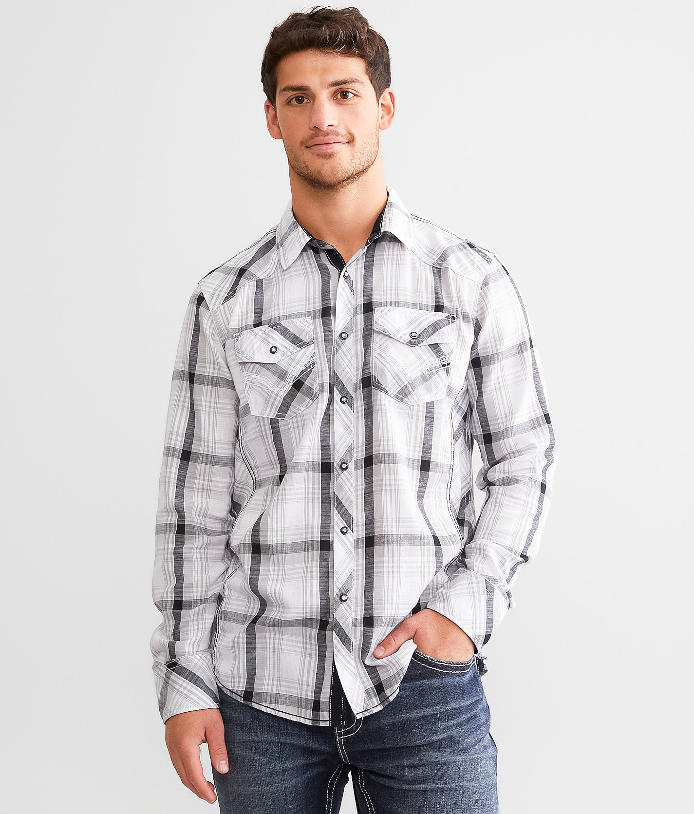 BKE Plaid Athletic Shirt - Men's Shirts in White Grey Black