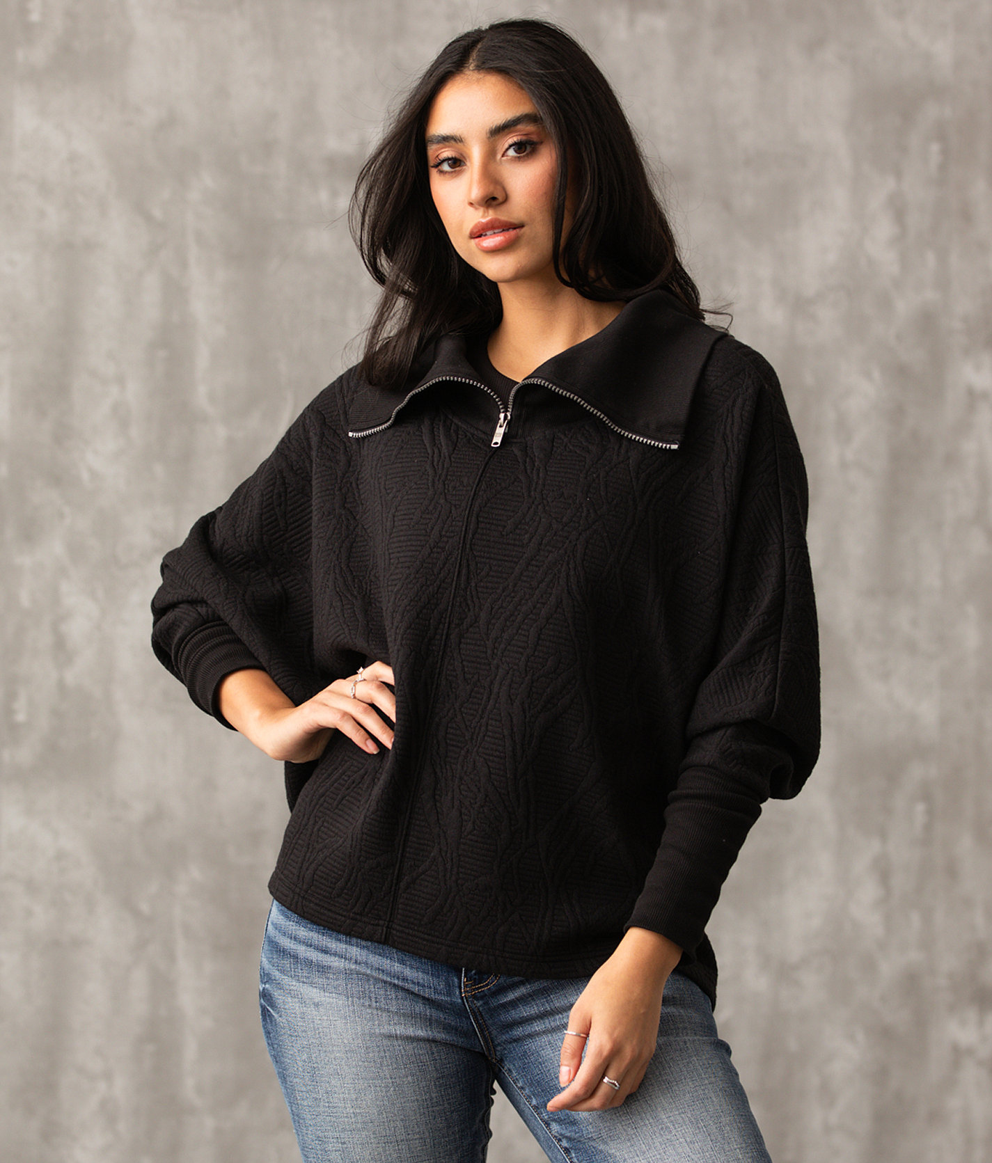 Buckle Black Quarter Zip Dolman Pullover - Women's Sweatshirts in Black