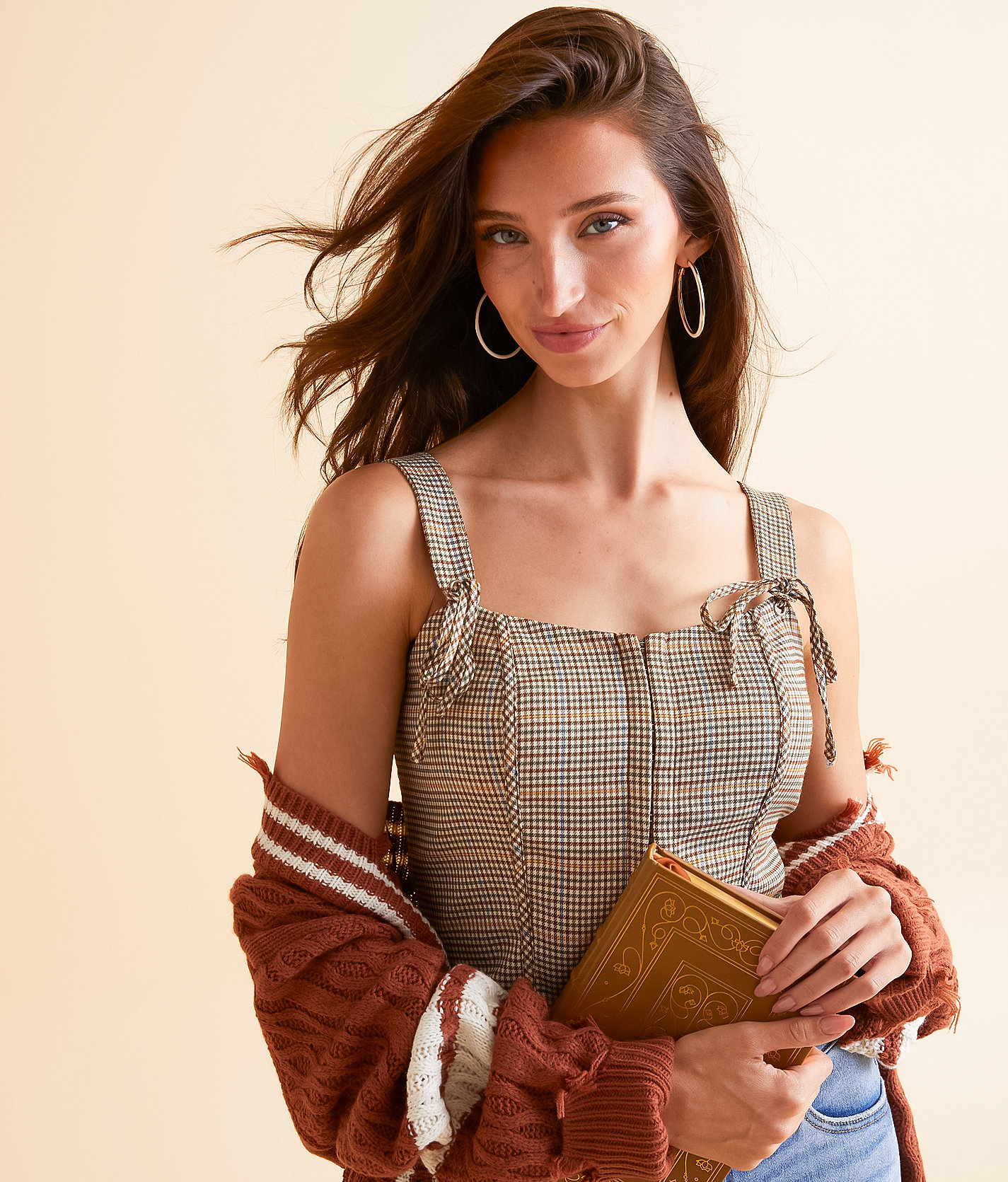 Willow & Root Plaid Cropped Corset Tank Top - Women's Tank Tops in Brown Cream