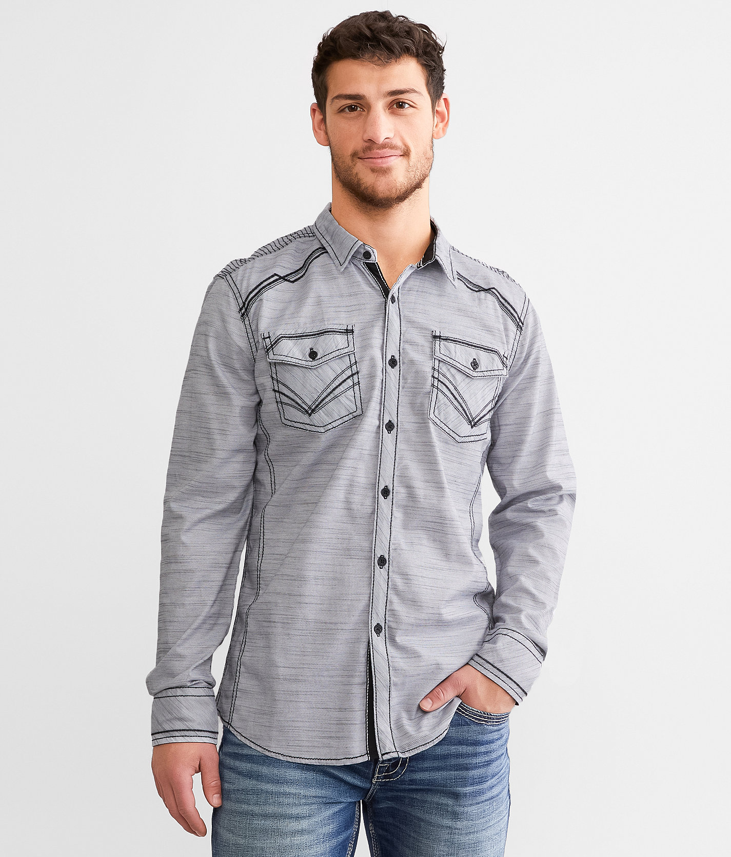 Buckle Black Marled Athletic Stretch Shirt - Men's Shirts in White Black