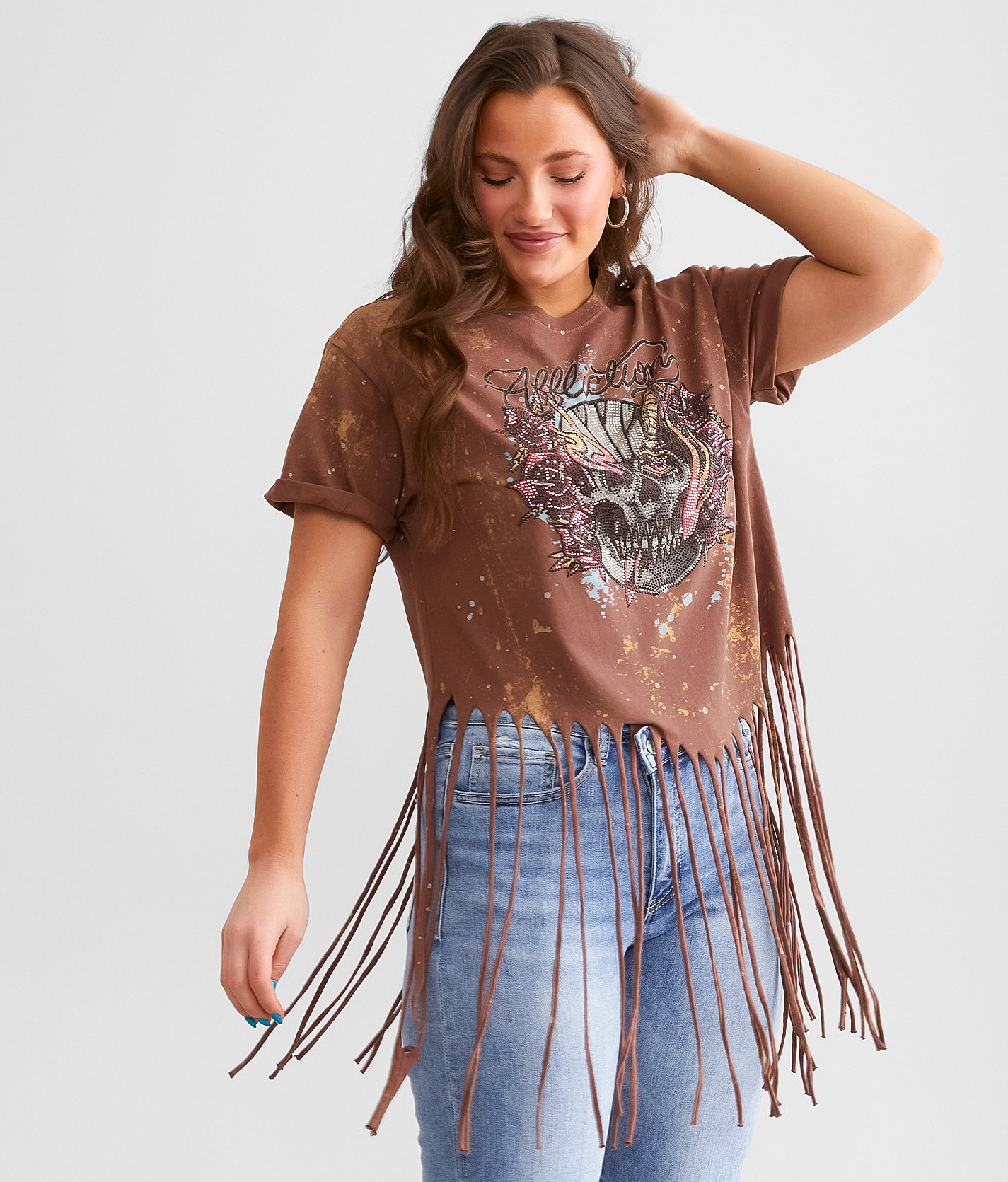 Affliction Alley Wreck Fringe T-Shirt - Women's T-Shirts in Rustic Brown Pigment Dye