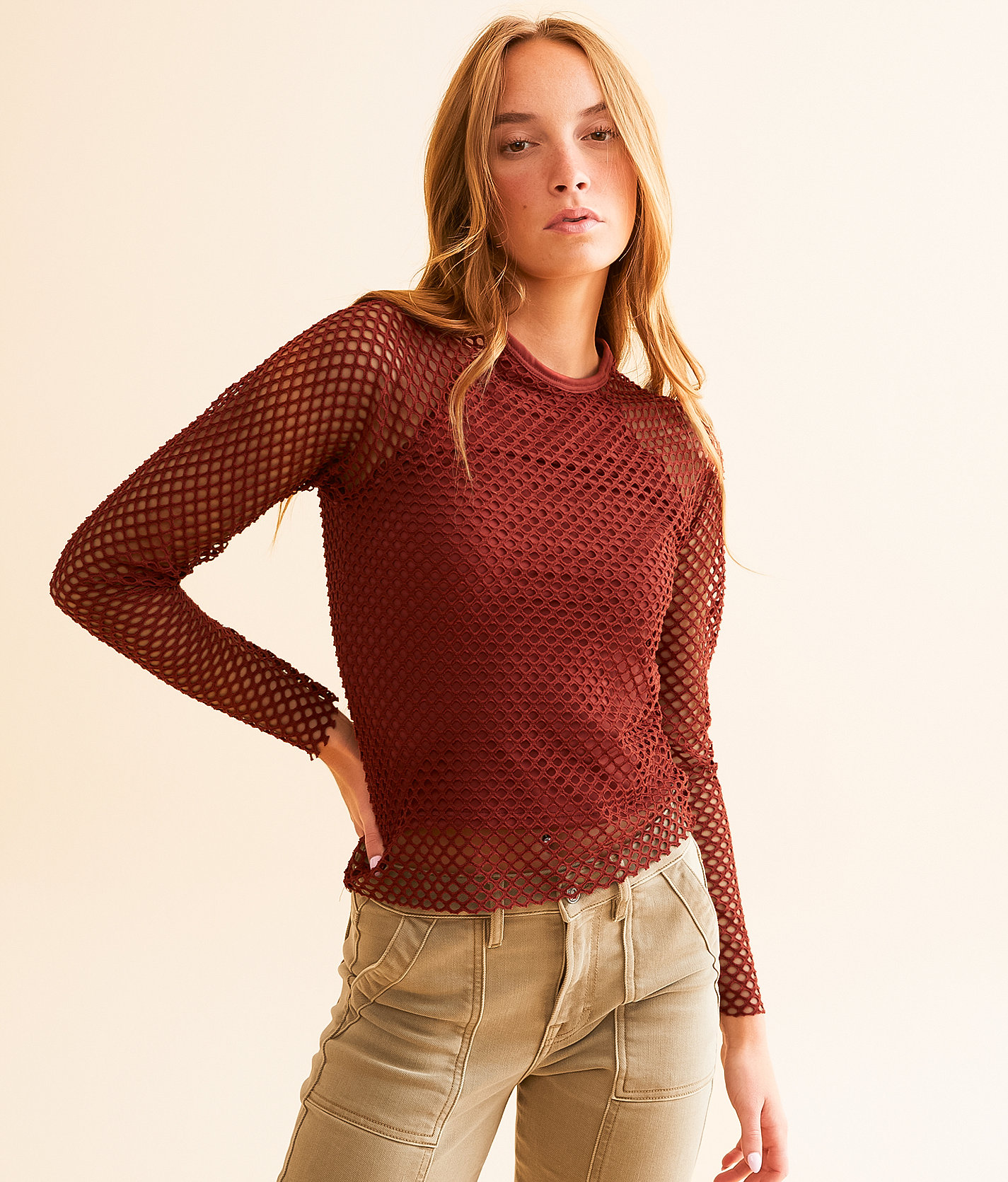 Gilded Intent Raw Edge Fishnet Top - Women's Shirts & Blouses in Madder Brown