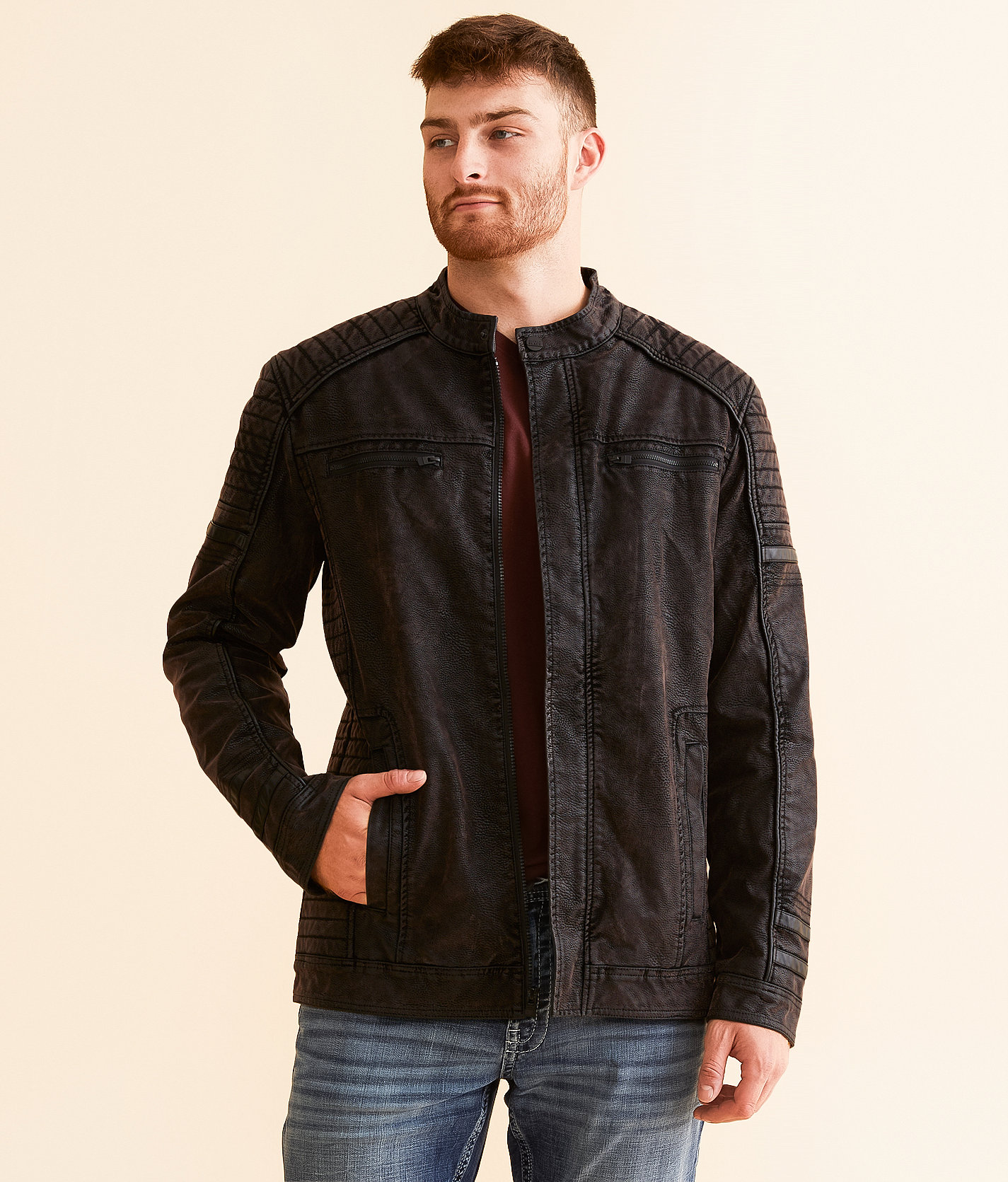 Buckle Black Faux Leather Moto Jacket - Men's Coats & Jackets in Deep Burgundy