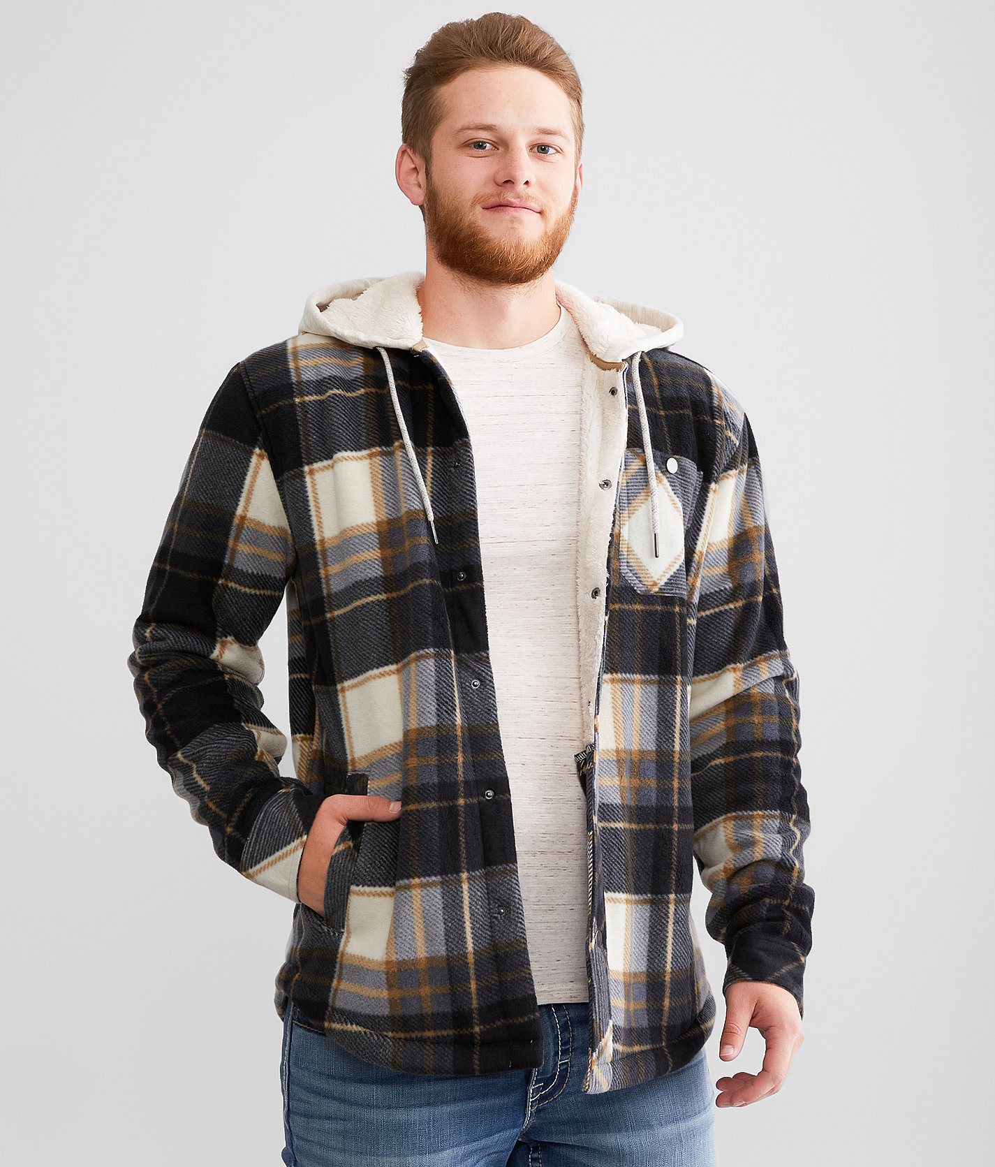 Departwest Plaid Fleece Hooded Shacket - Men's Coats & Jackets in Cream Navy