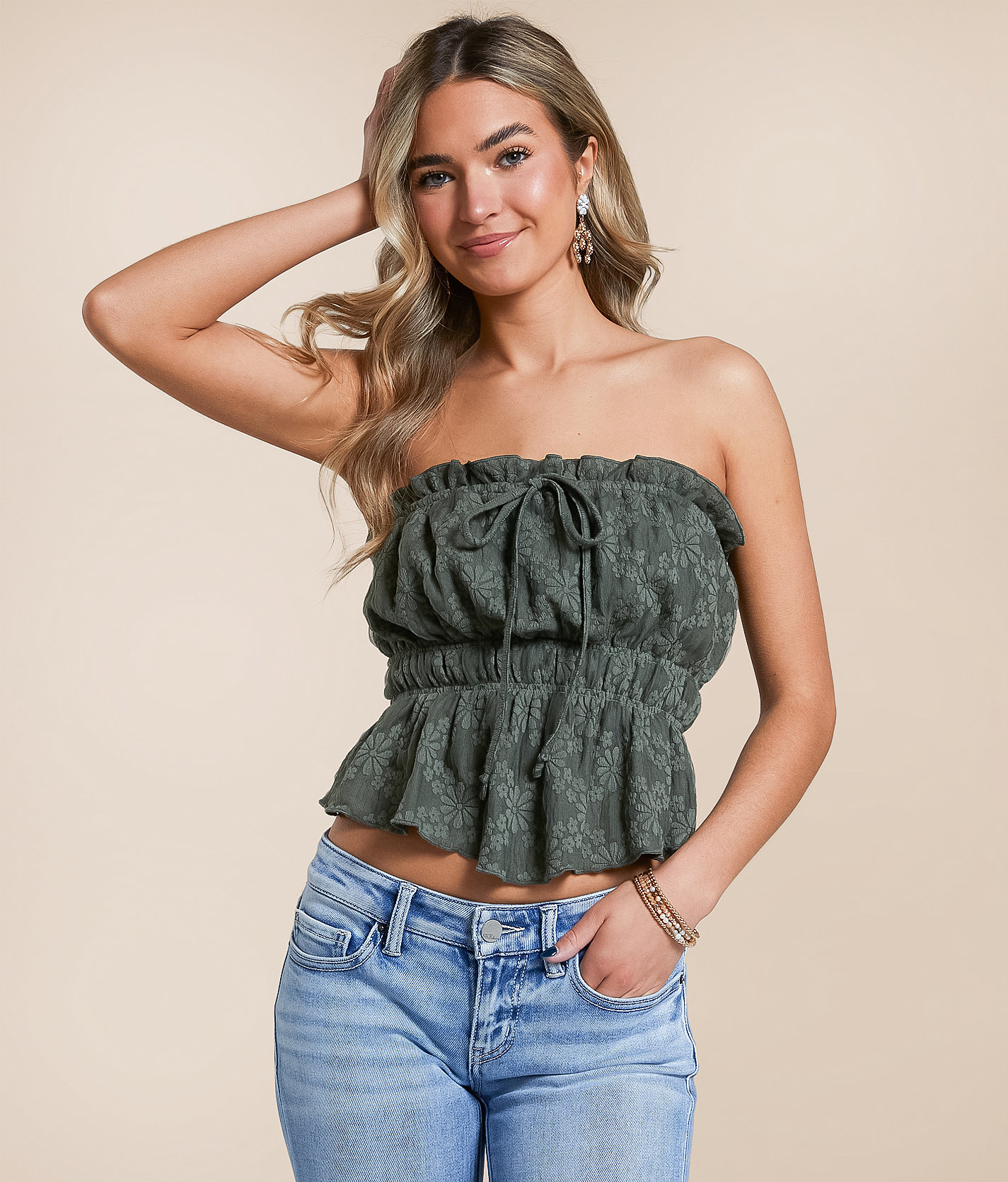 Willow & Root Floral Jacquard Tube Top - Women's Shirts & Blouses in Thyme