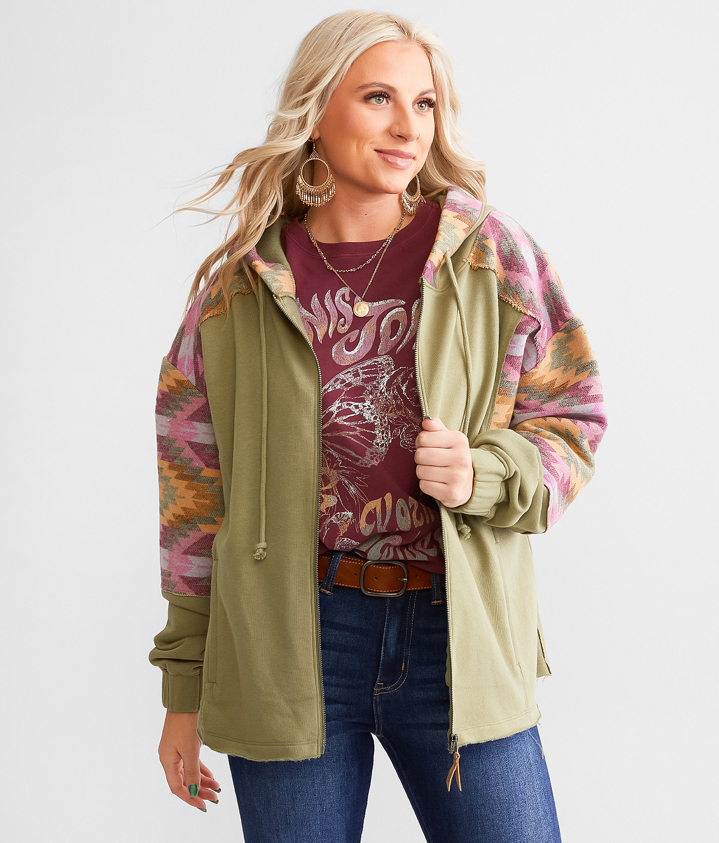 BKE Pieced Southwestern Hoodie - Women's Sweatshirts in Deep Lichen Green