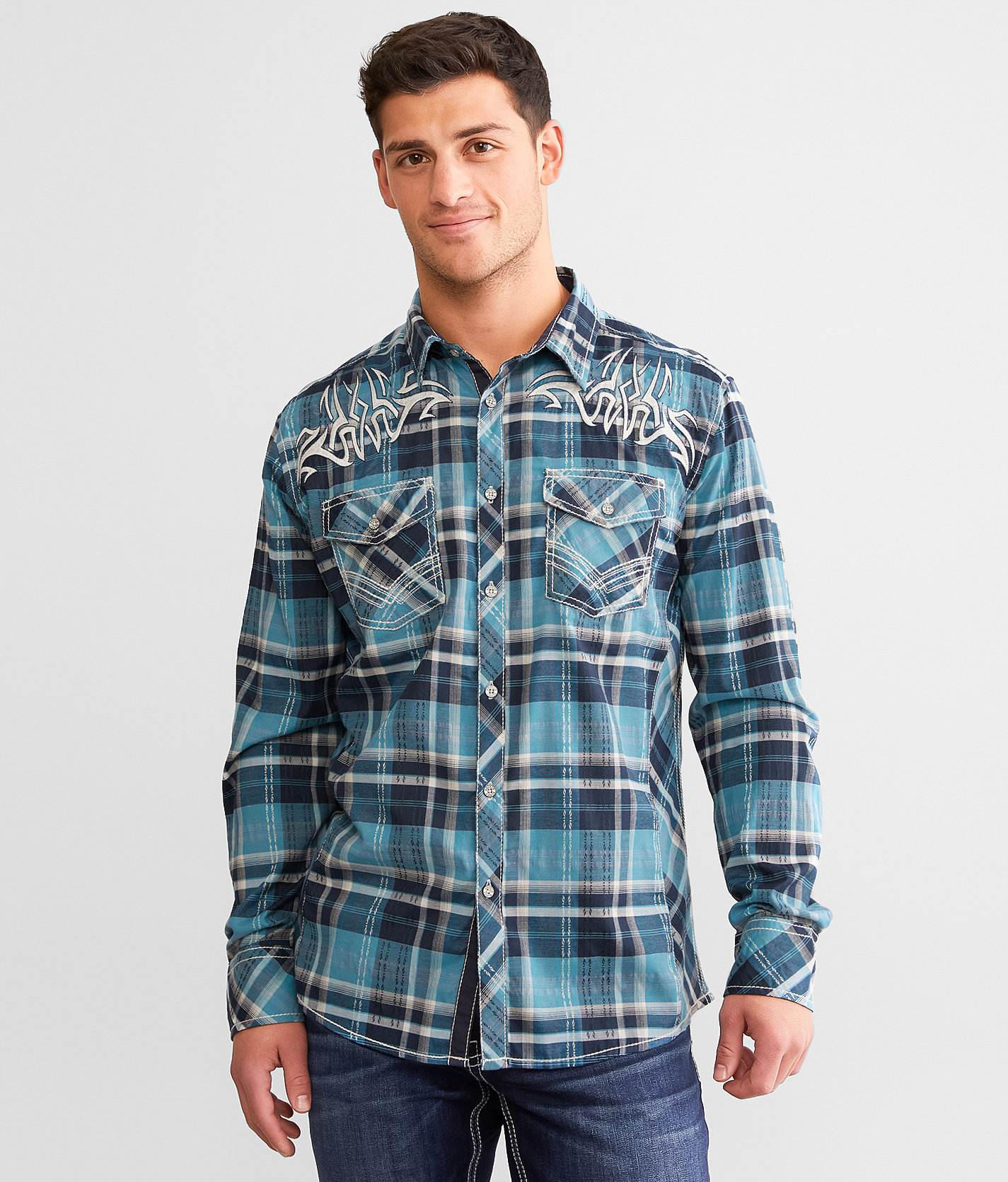 Buckle Black Plaid Athletic Stretch Shirt - Men's Shirts in Turquoise Navy Cream